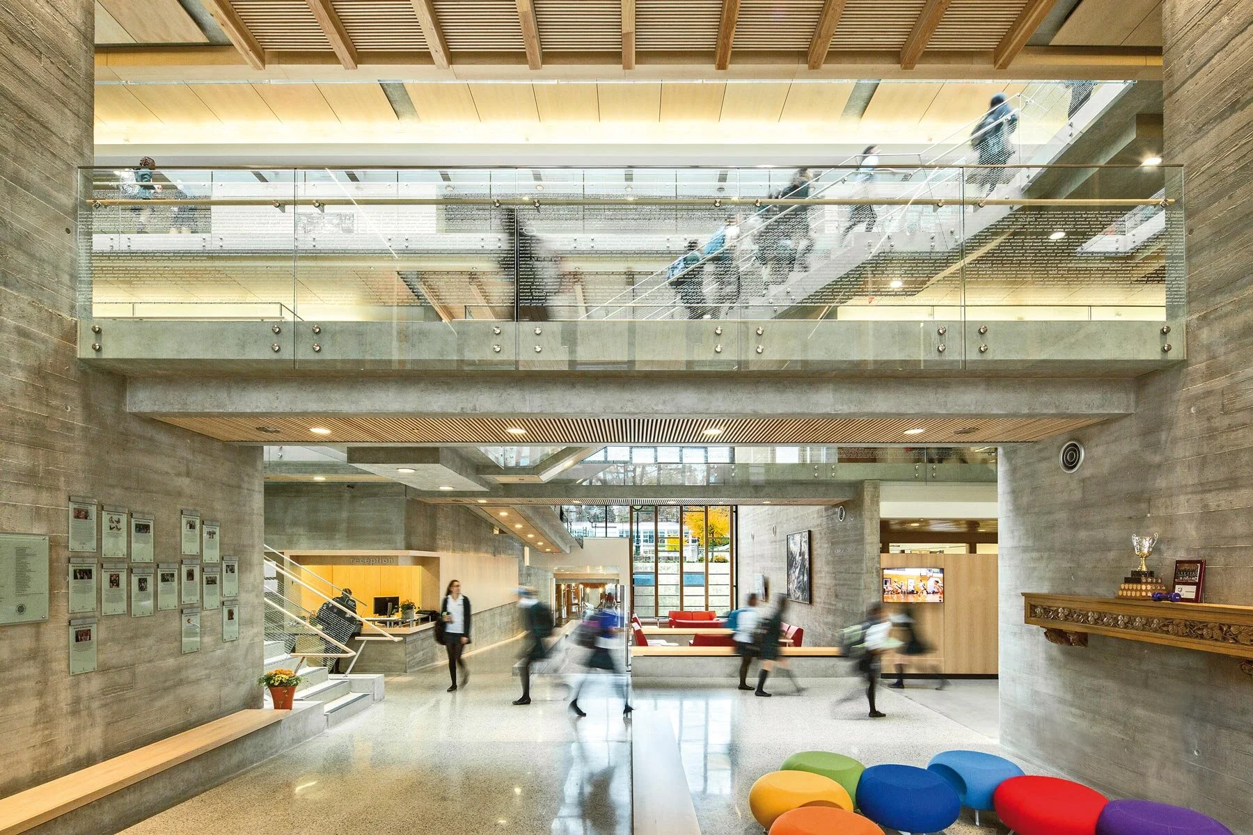 An interior view of people walking in the York House Senior School