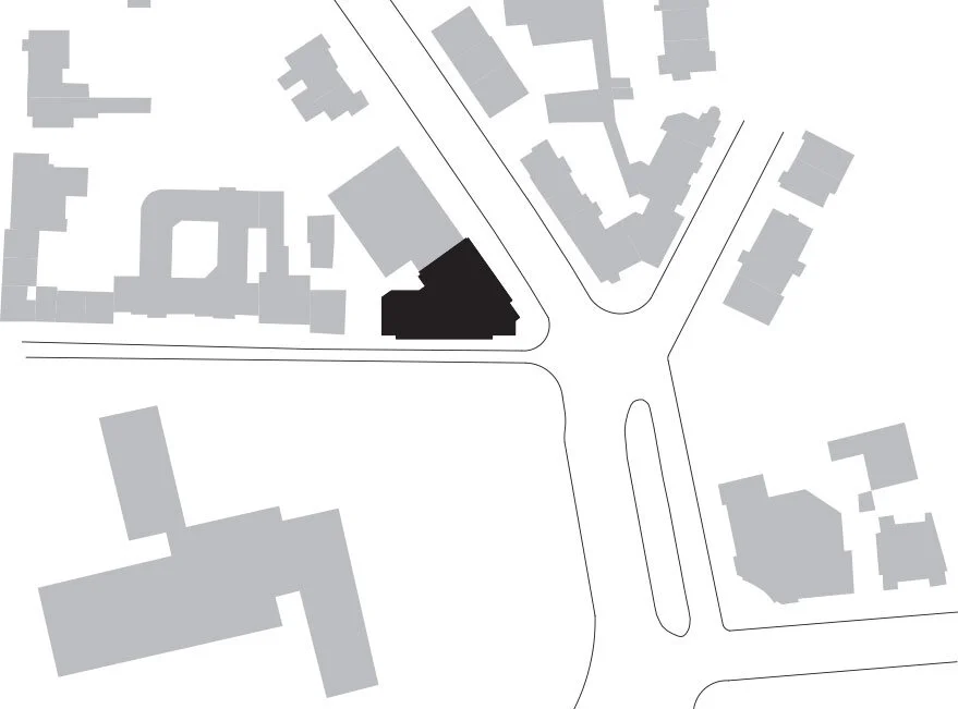 A simple top view of the One on One building in relation to other buildings in the area