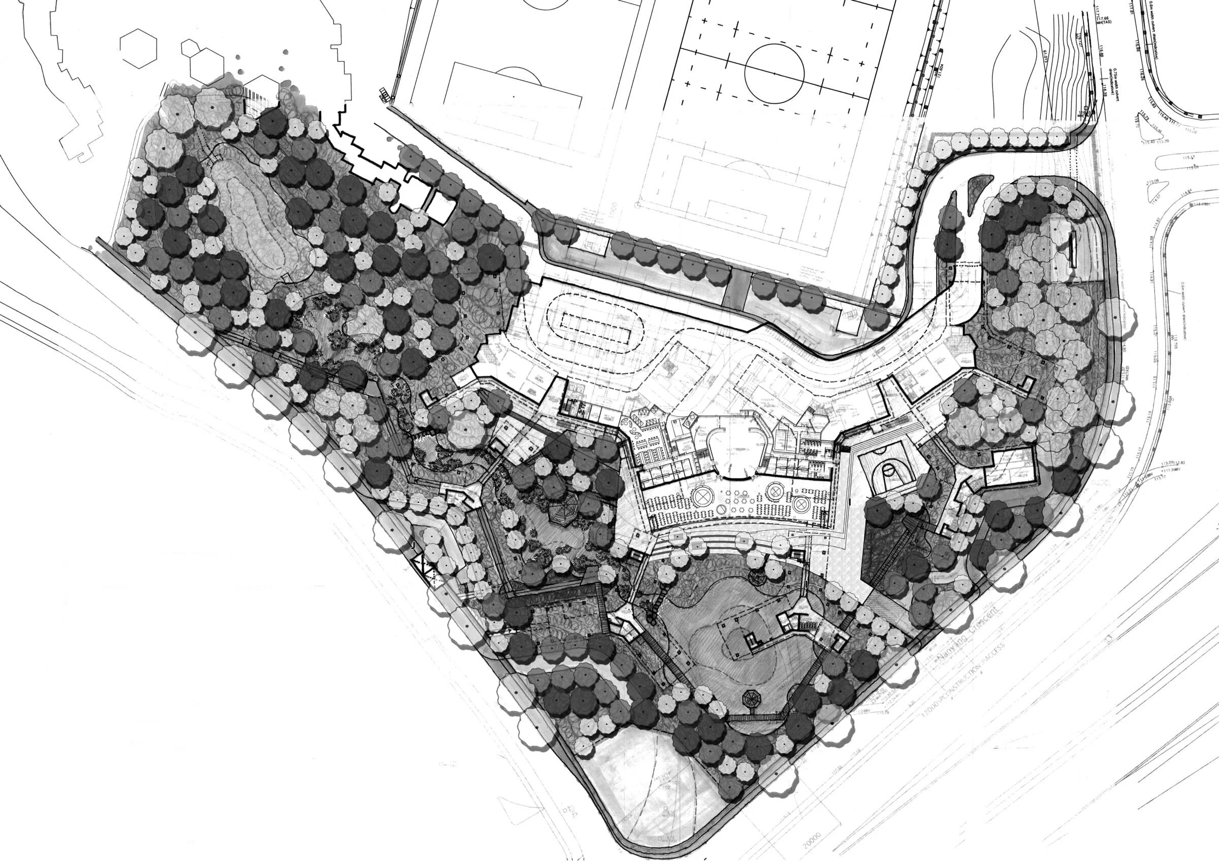 Top plan drawing of NTU Pioneer Hall and Crescent Hall