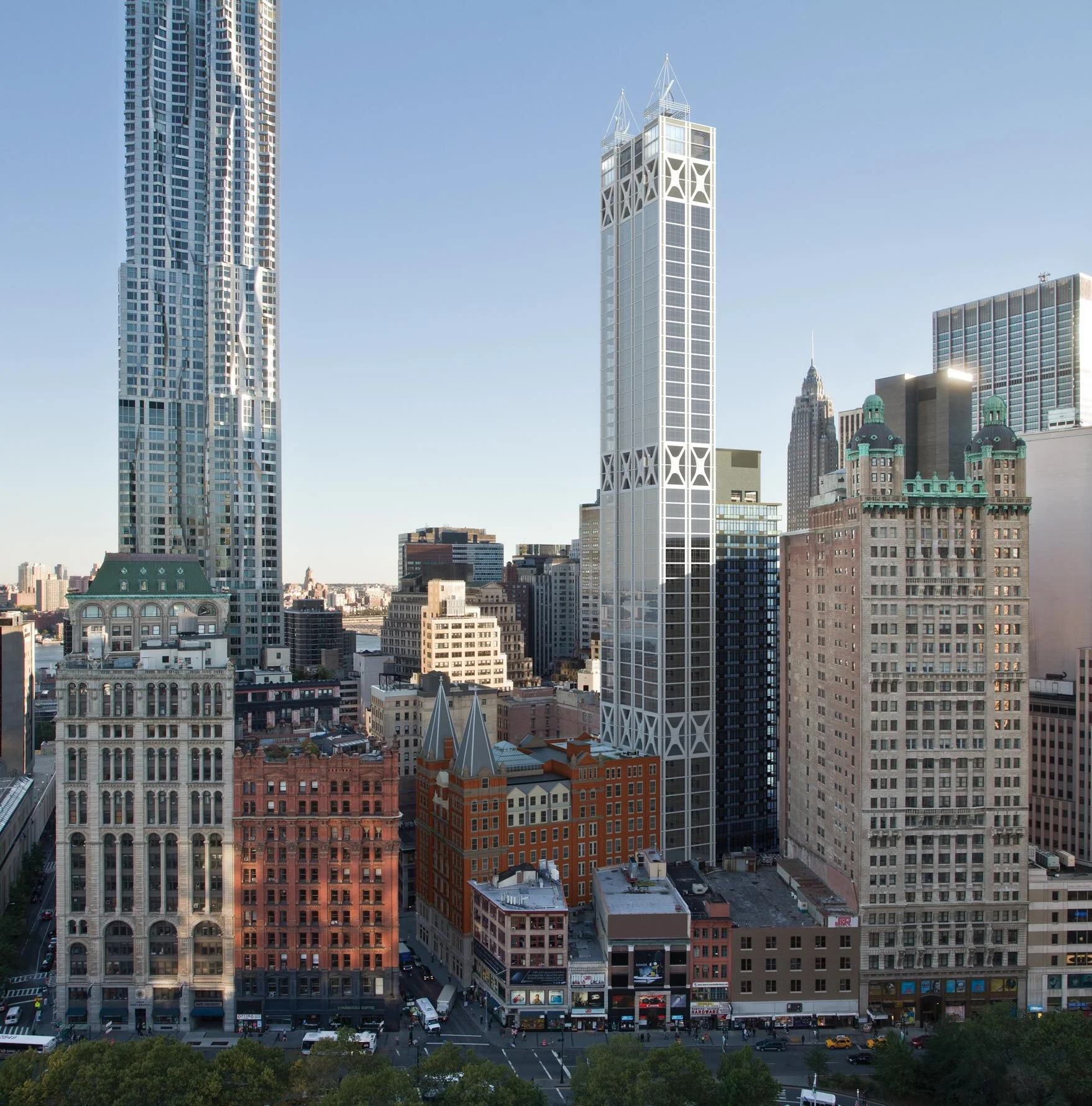 Mid aerial view of The Beekman and surrounding buildings