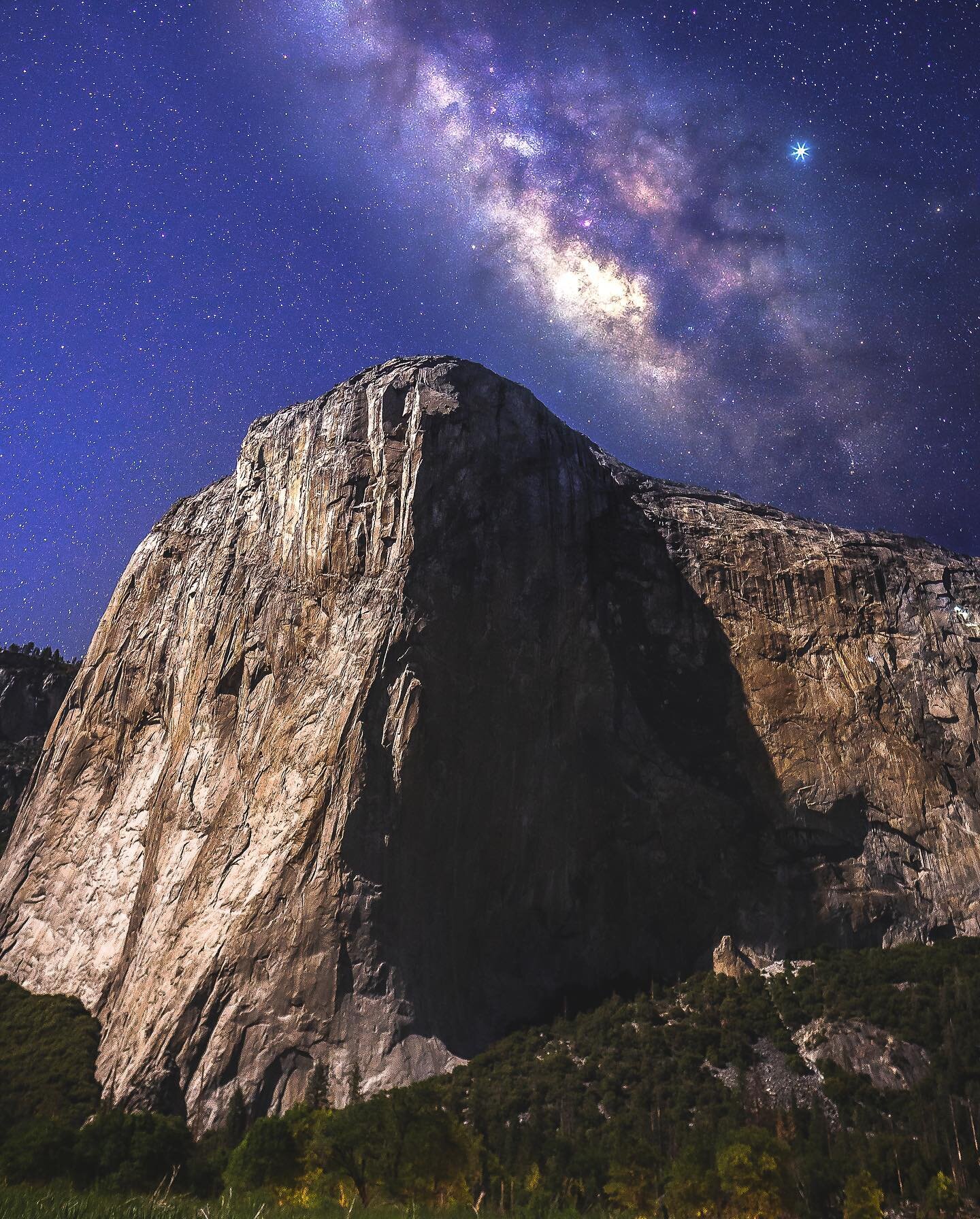 Composite shot! The light specs on the right side of the wall are actually climbers making their way up el cap. I took this photo in the meadow below during a full moon, it was indeed very cool.