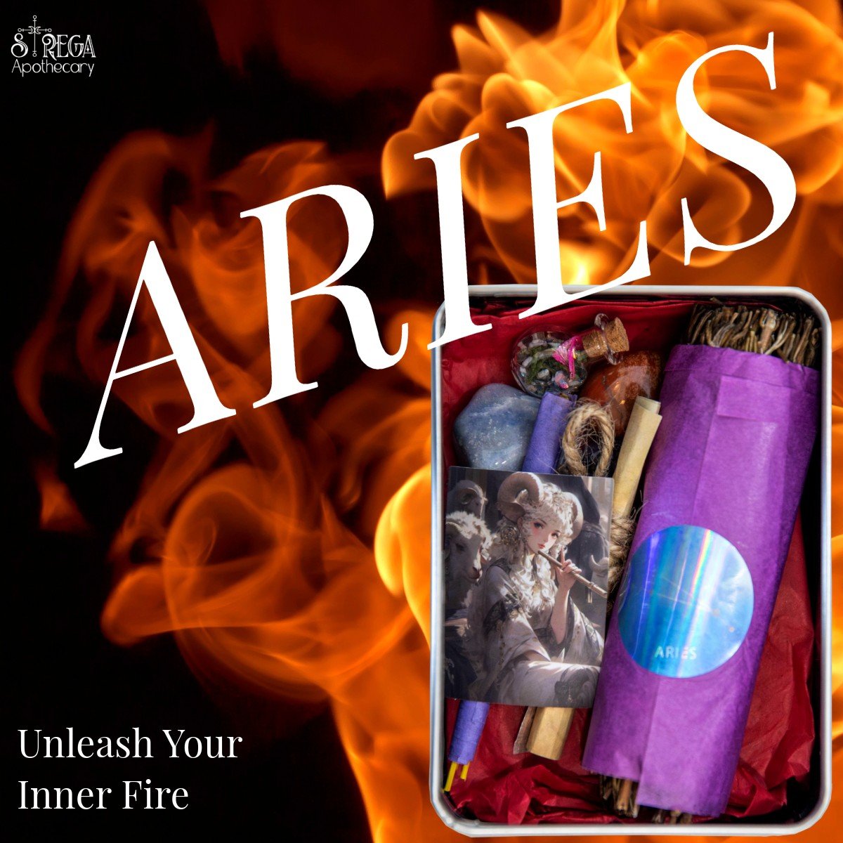 Ignite Your Passion with Our Aries Zodiac Box!  Take charge of your destiny and tap into your innate power and unleash the fire within. 

 #positivity #selfdiscovery #apothecary #aesthetic #stregaapothecary #astrology #bundles #zodiac #strega #centra