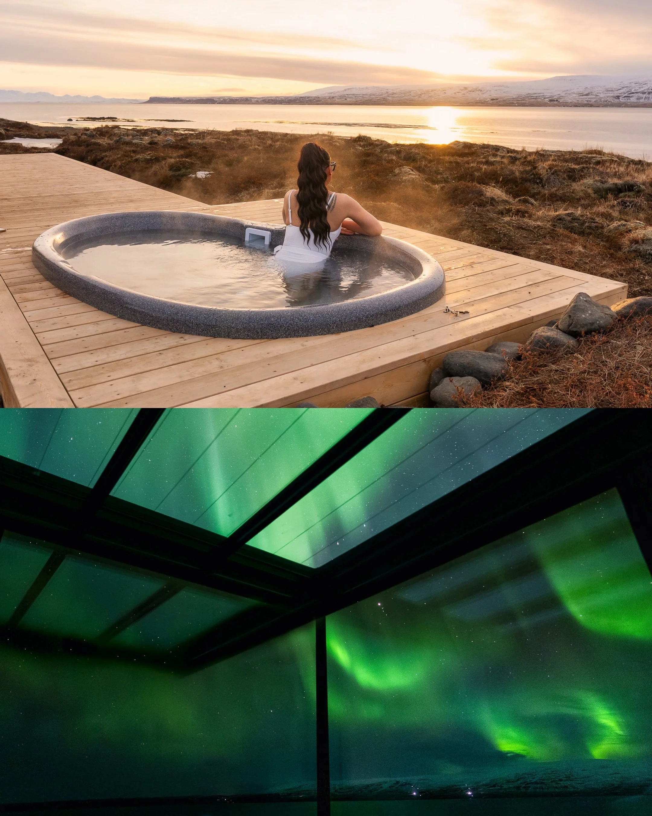 If you could choose only one, which would you prefer?

Watching the Midnight Sun from your glass cottage, with golden light lasting through the night?

Or lying back and watching the Northern Lights dance above you from the warmth of your cottage?

T