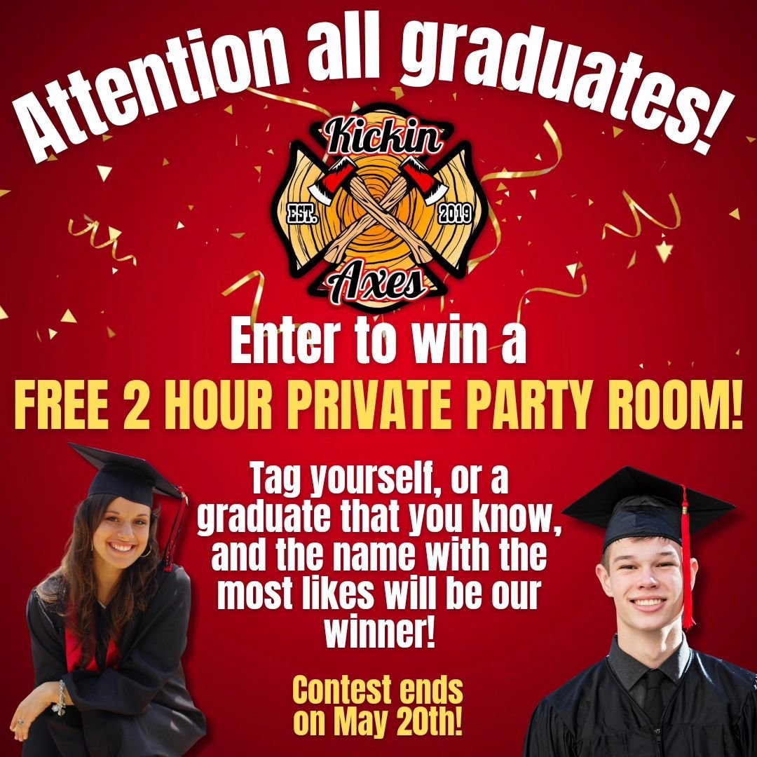 🎓🎉 Graduates, it's time to celebrate! 🎉🎓 Tag yourself or a friend for a chance to win a FREE 2-hour party room at Kickin Axes for up to 25 people! 🎯✨ The name with the most likes takes home the prize! Contest ends May 20th, so start tagging! 

?