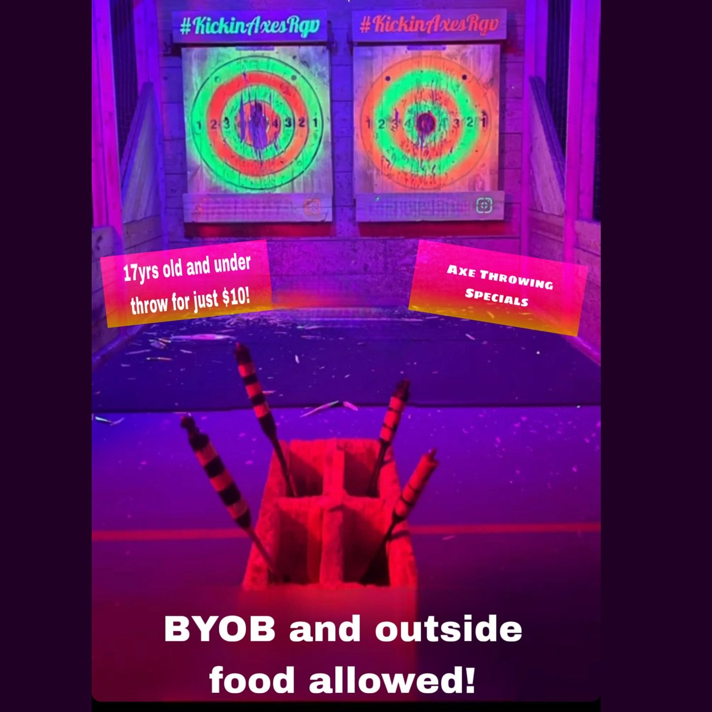 Stop by and have some fun with us tonight! Group specials, byob and outside food allowed. Kids under 17 throw for just $10! Come GLOW and THROW here at Kickin axes🌟 Dart and other games available as well. 🔥🪓🔥