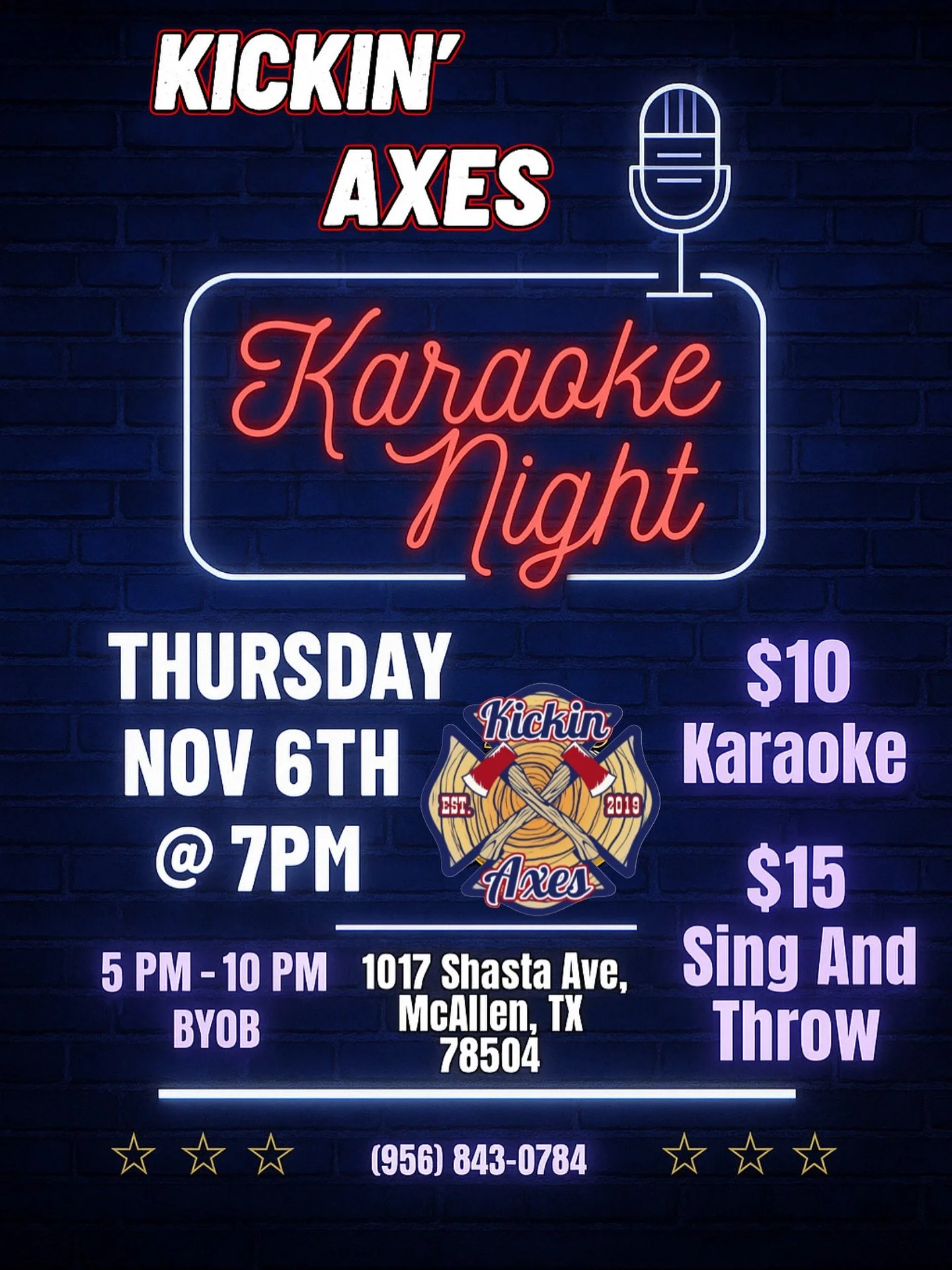 Come sing something and throw something with us this Thursday at Kickin Axes! 🔥🎤🔥🪓🔥 BYOB and outside food/snacks allowed. Kids 15 and under are free to enter! Walk In or reserve online for free.