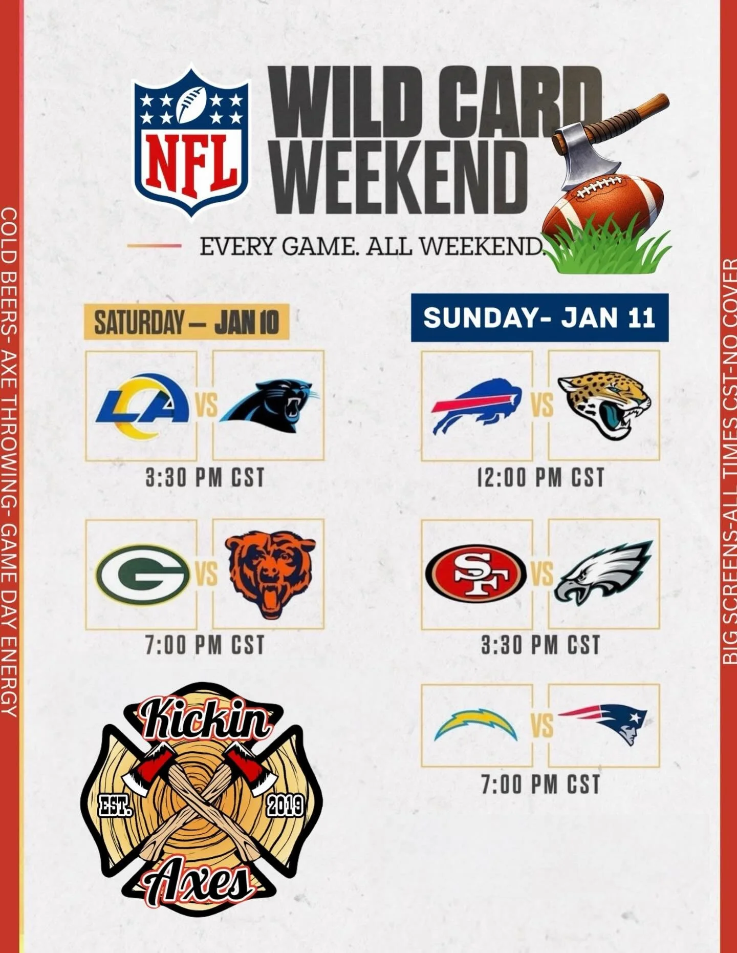 Never miss out a game with us🏈 Come on in and join us for Axes and football all weekend long🪓

-BYOB🍻
- Darts🎯
And much more