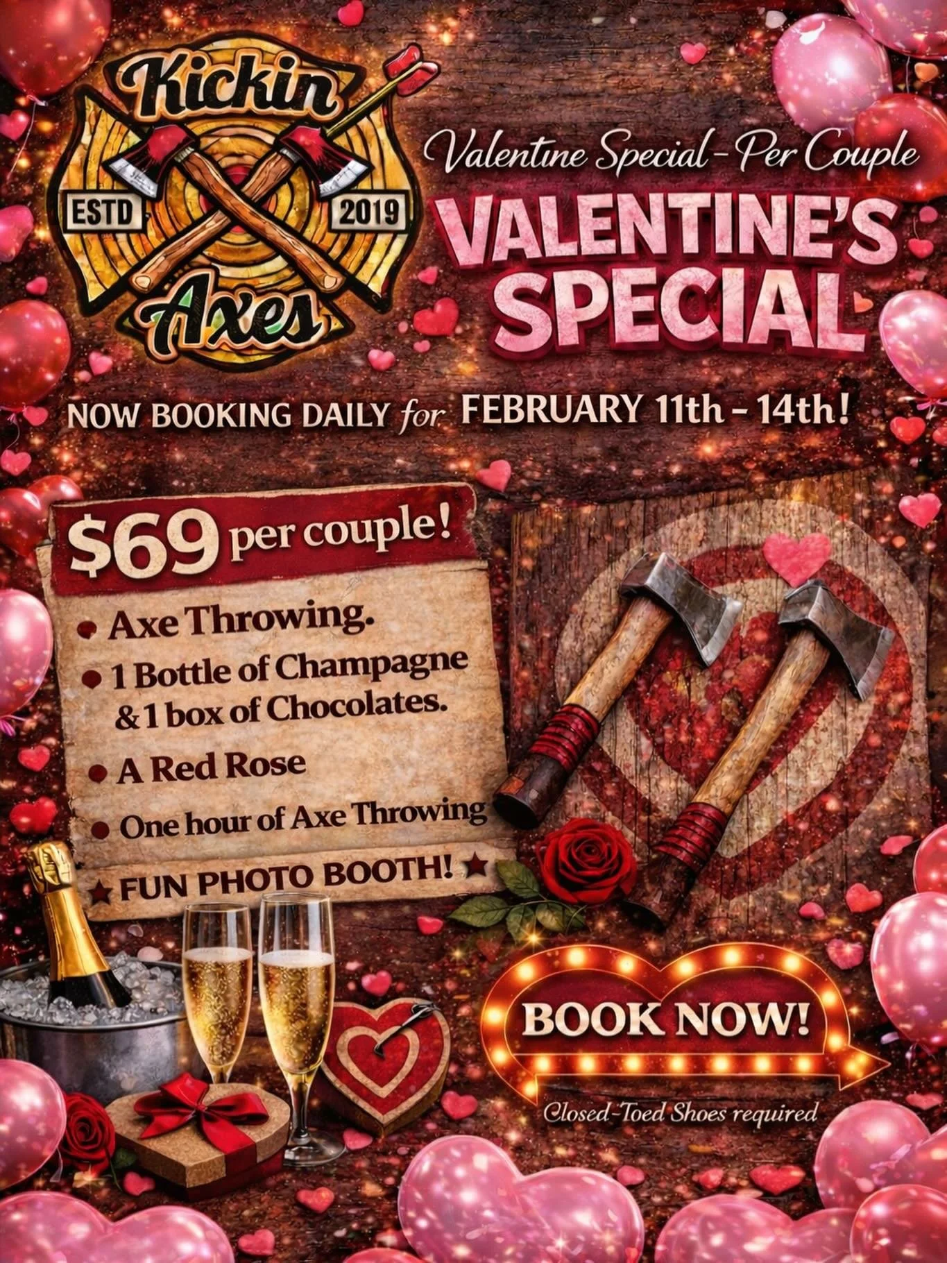 💕🪓 VALENTINE&rsquo;S SPECIAL AT KICKIN AXES 
Looking for a date night that&rsquo;s not boring?  We got you 👀🔥

💘 $69 per couple
📅 February 11&ndash;14 ONLY

✨ What&rsquo;s included:
🪓 One hour of axe throwing
🥂 Bottle of champagne
🍫 Box of c