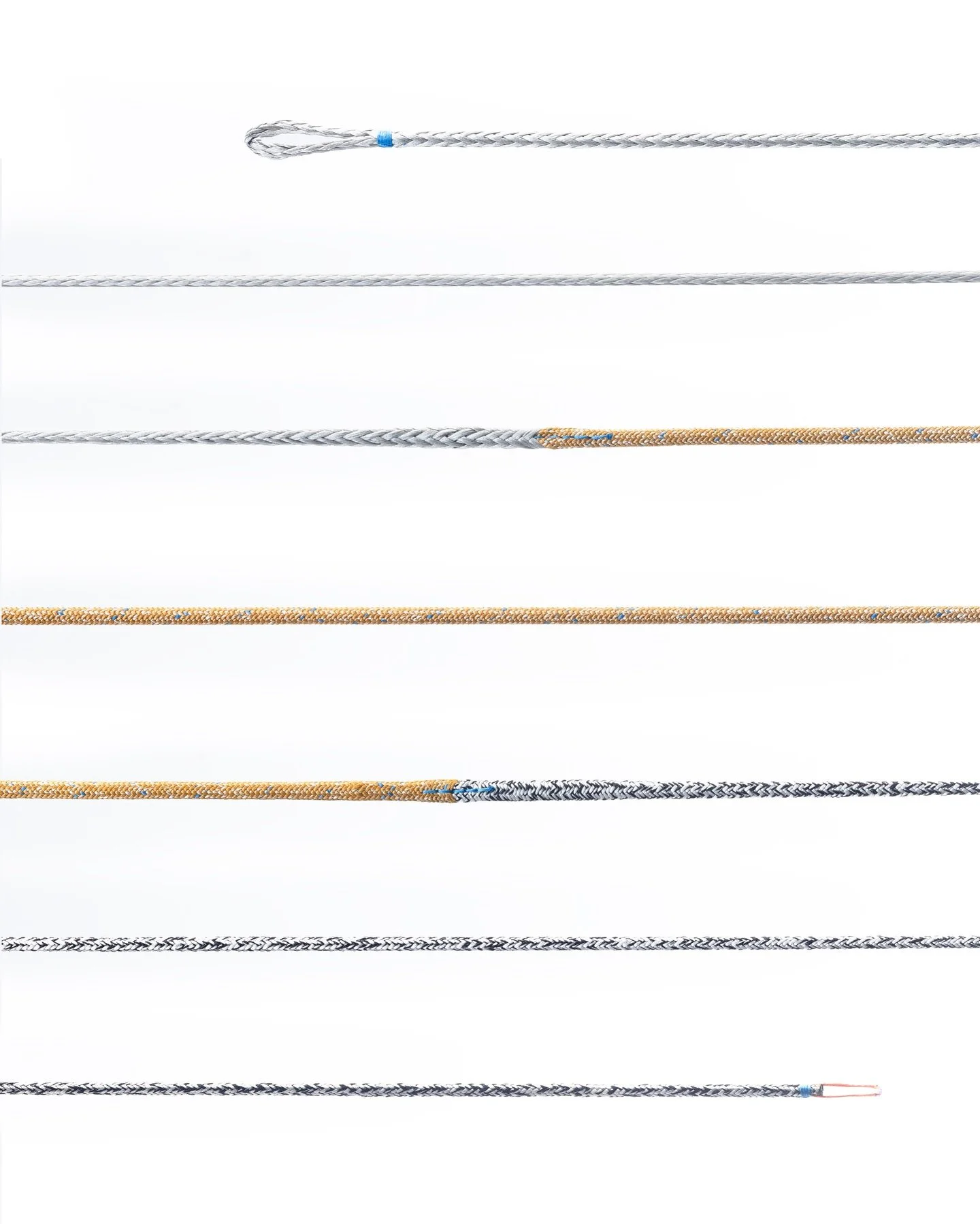 Spin sheets for a TP52. Built from @gottifredimaffioli 7mm ZDT 24. A 24 carrier Zylon&reg; (PBO) + Bio Based
Dyneema&reg; + PTFE blended cover, with a single blue tracer specified for the project, tapered to the eye on the working end and spliced to 