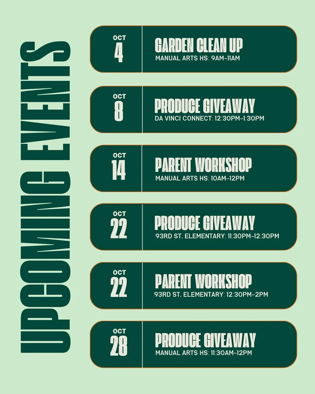 What we&rsquo;re up to this month! 🪏🫜🐛🐞🍓🍎

Join us tomorrow, Saturday, Oct 4 at Manual Arts HS Garden to kick things off 🌱

🌷No experience needed! Students, families, and volunteers welcome.
🪻We&rsquo;ll plant, tidy the beds, and harvest wha
