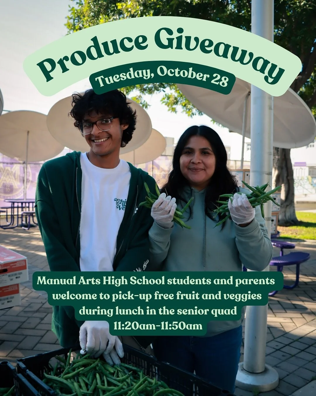 Free fruit and veggies available today for Manual Arts students and parents 💚
