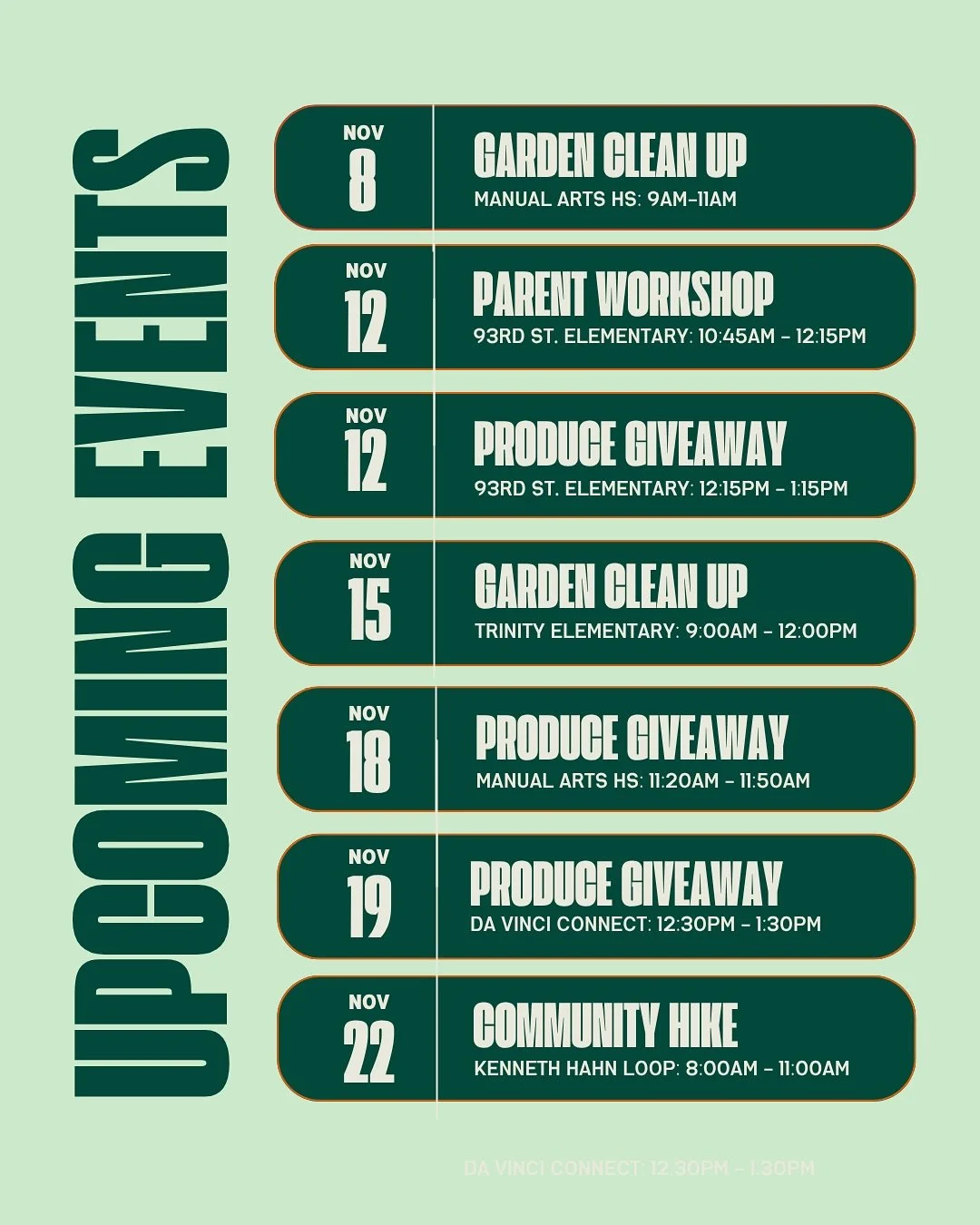 November events! Up first is our garden clean up @manualartshsofficial tomorrow morning! Hope to see you there :)
