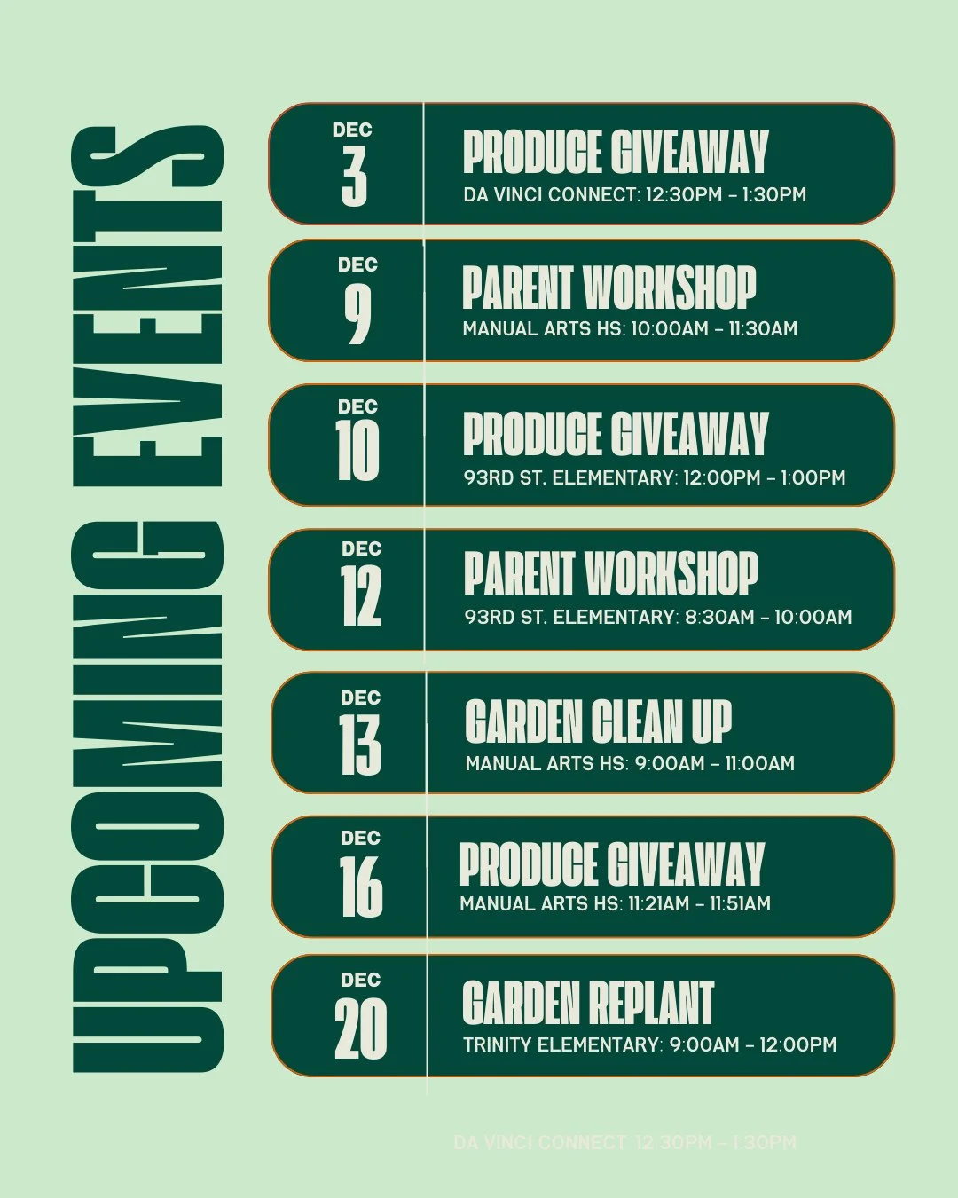 December events! Up next is our Parent Workshop at Manual Arts on 12/9 at 10:00am! Hope to see you there :)⁠
⁠
&iexcl;Eventos de Diciembre! &iexcl;El pr&oacute;ximo es nuestro Taller para Padres en Manual Arts el 9 de Diciembre a las 10:00am! &iexcl;