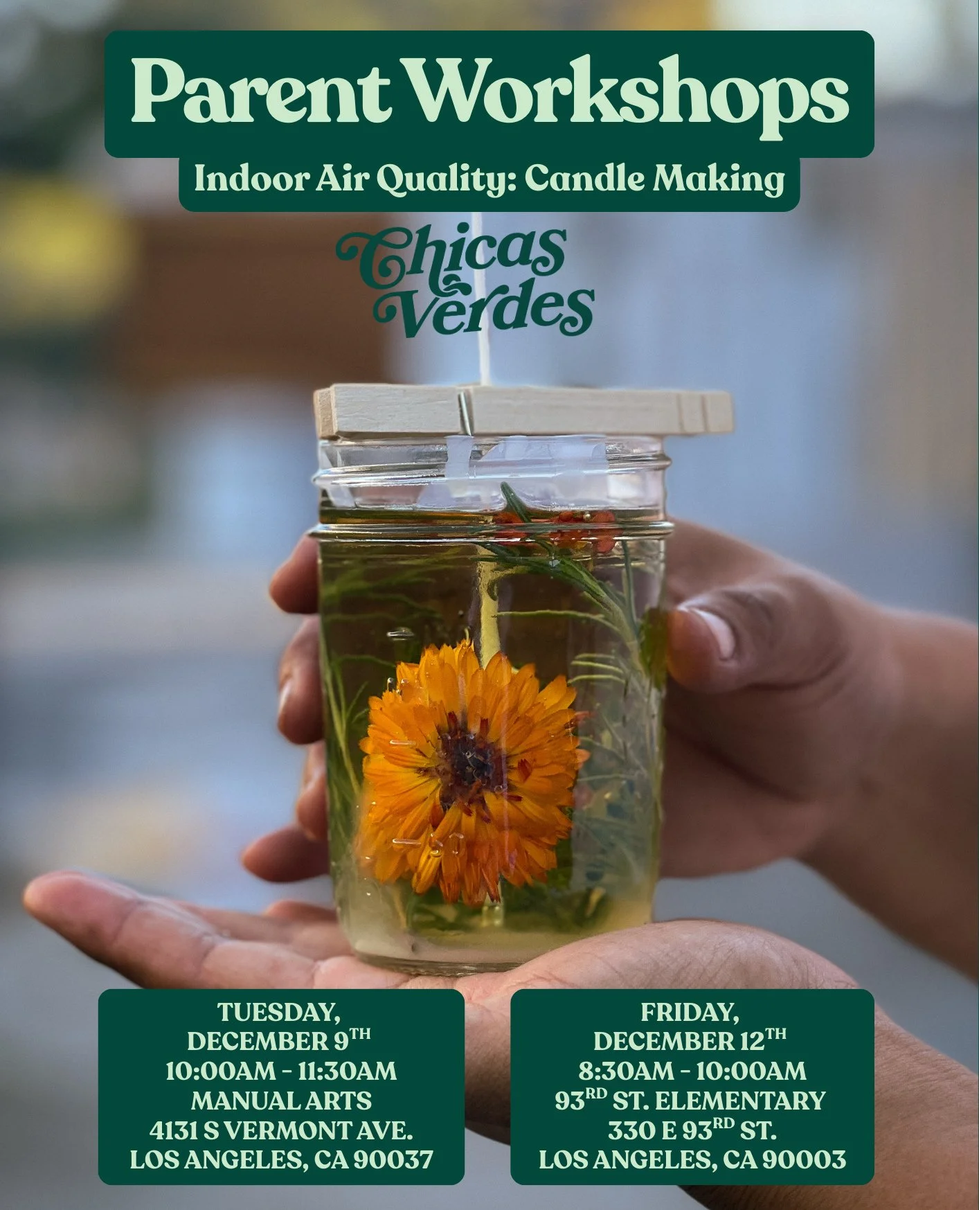 This month, we&rsquo;ll be exploring indoor air quality with our Manual Arts and 93rd St. Elementary families and guiding parents through a hands-on workshop to make their own non-toxic candles that promote healthier homes. Hope to see you there! Vis