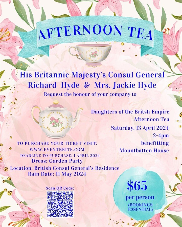 Put on your best garden party attire and join the DBE for an exclusive Afternoon Tea with Consul General @richard_hyde_bcg 

🗓️ Saturday, 13 April 2024
🕑 2:00 PM
🎟️ https://bit.ly/DBEtea

This delightful event will benefit Mountbatten House, an as