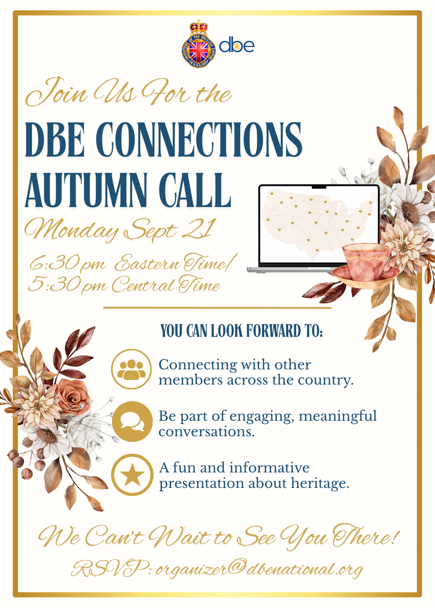 Image is an invite to our Autumn DBE Connections Zoom call on Sept 21 at 5:30 CST