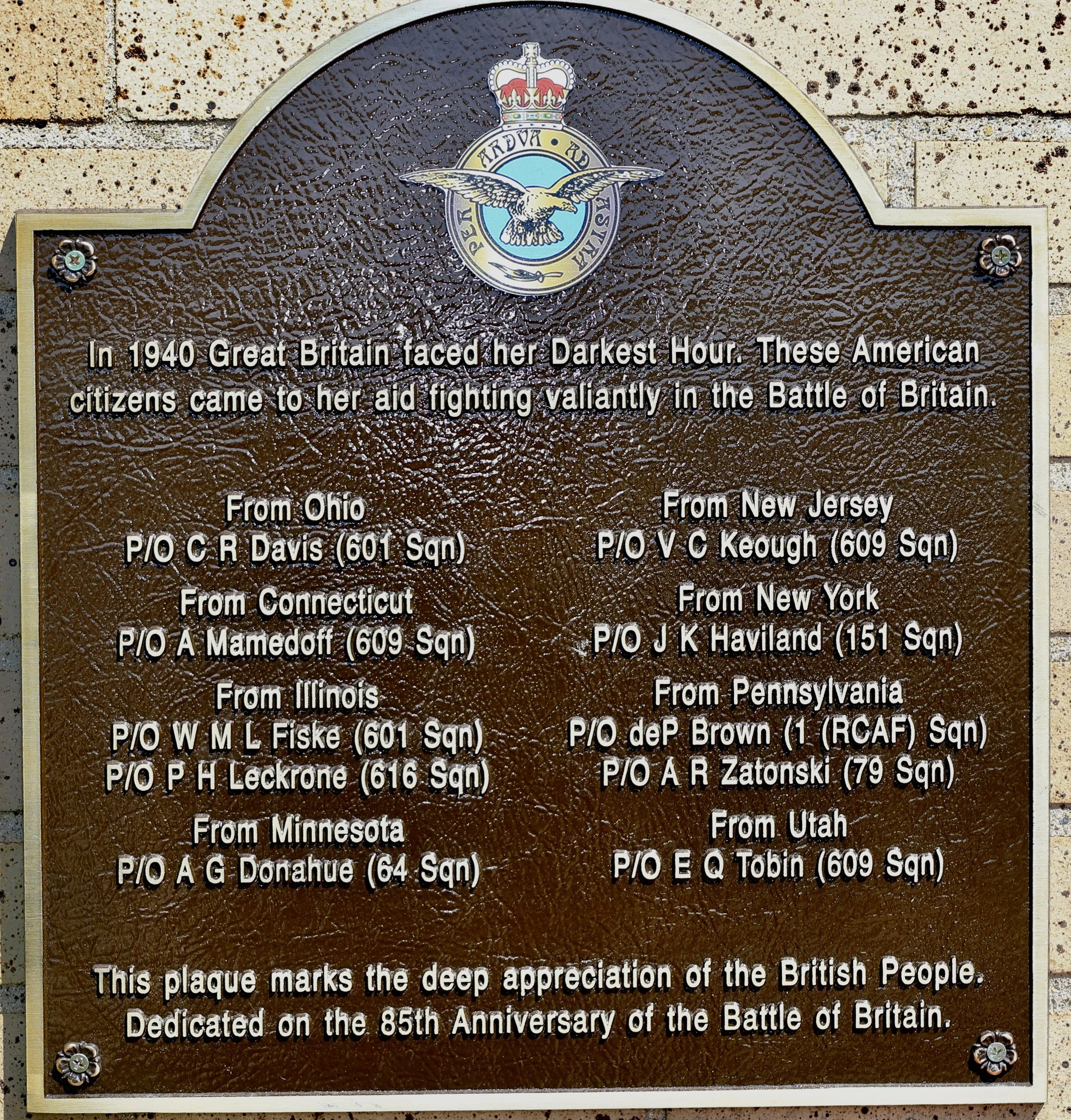 Memorial Plaque at Ambleside Pub in Mt. Kisco, NY of US Servicemen who fought in the Battle of Britain