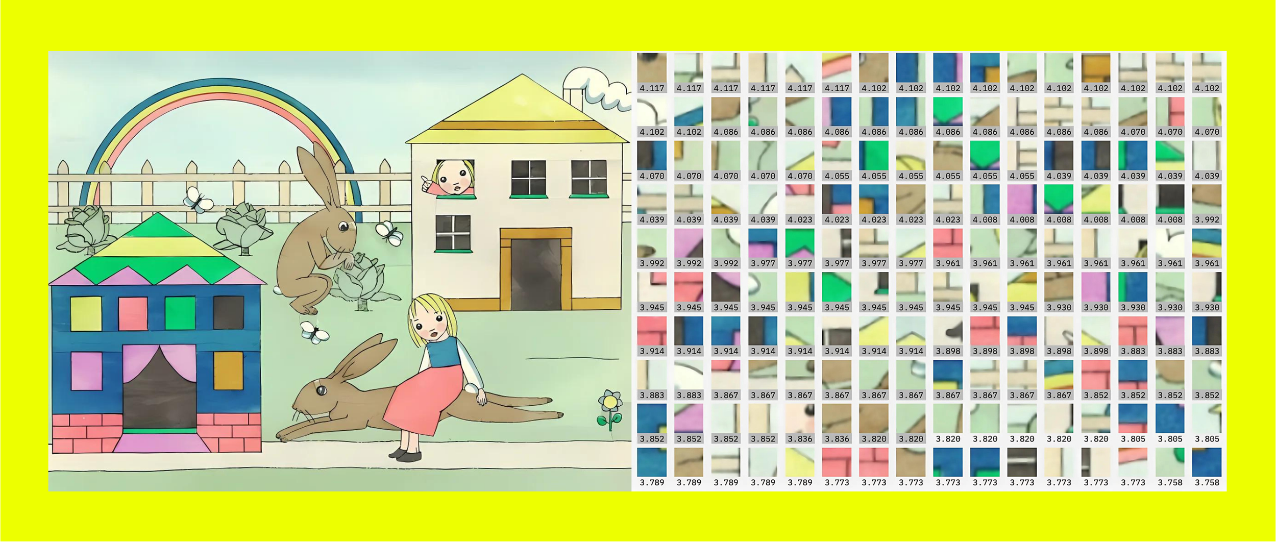 Diptych contrasting a whimsical pastel scene iwth large brown rabbits, a rainbow and a girl on the left in a red dress, and a grid of numbered superpixels on the right - emphasising the difference between emotive seeing and analytical interpretation.