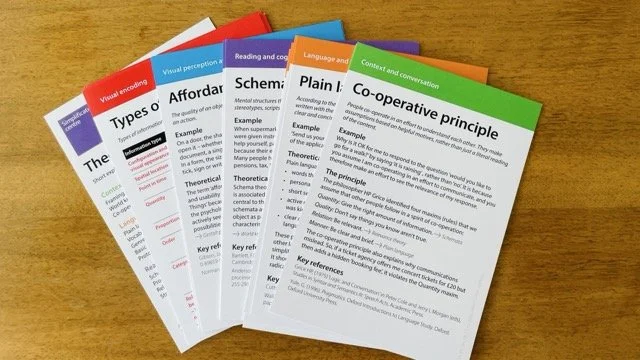 Photograph of information theory cards fanned out on a table.