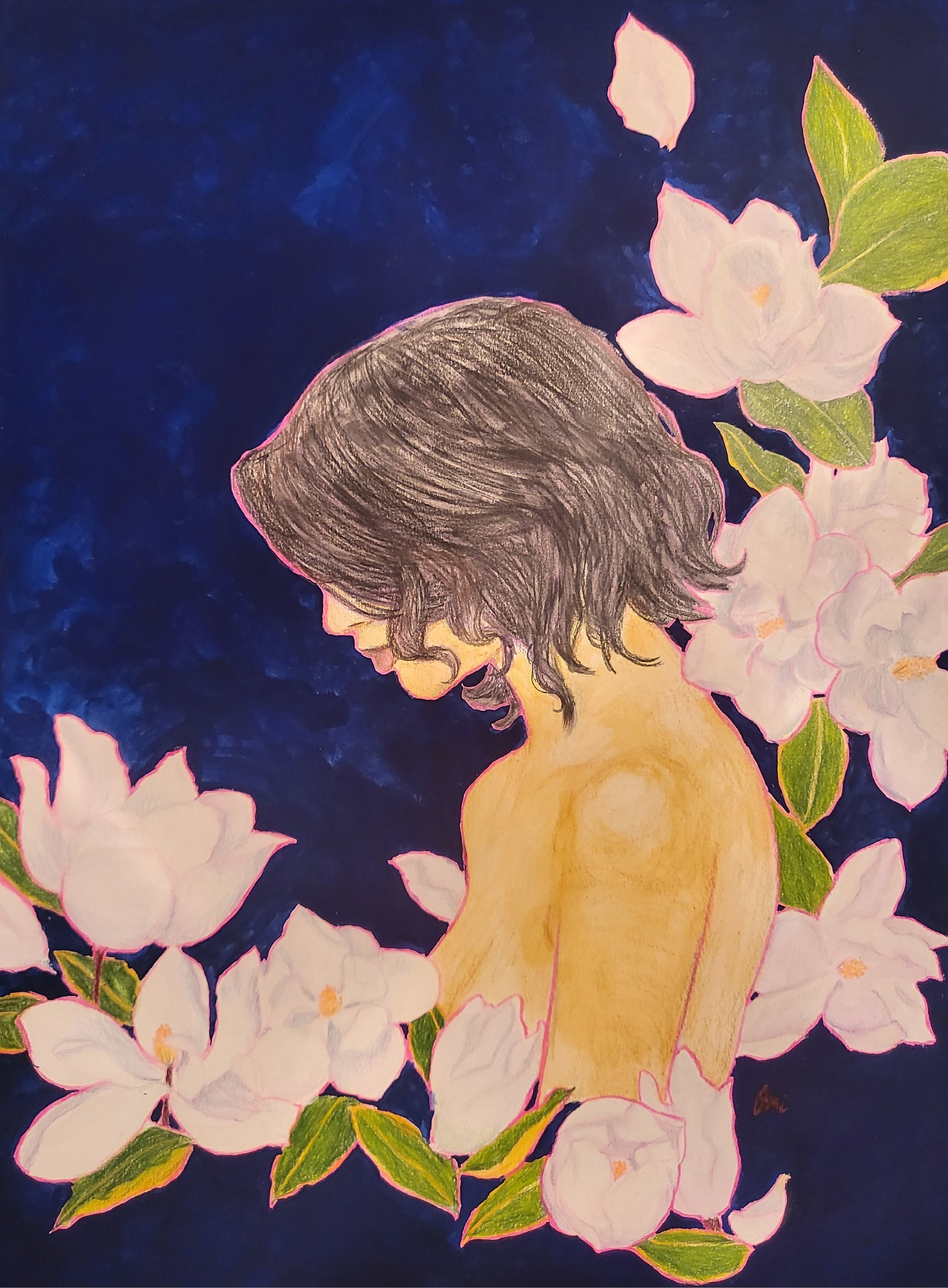 Quarter view of a Black woman, face half-obscured by her hair  styled in a messy bob, standing among white magnolias in a blue expanse.