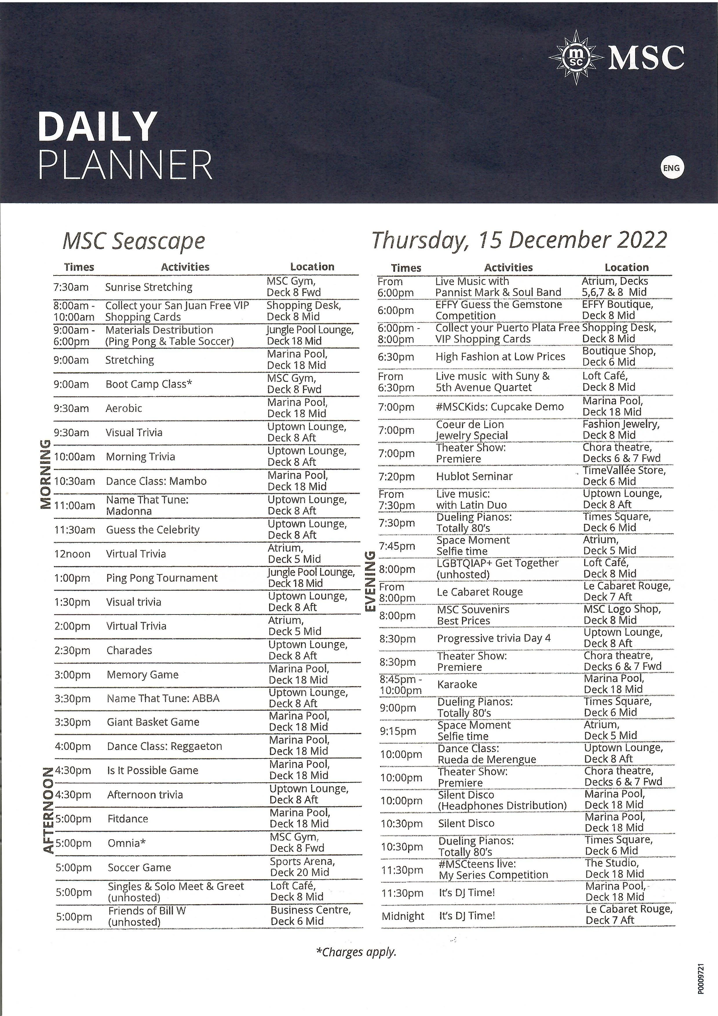 MSC Splendid Daily Schedule