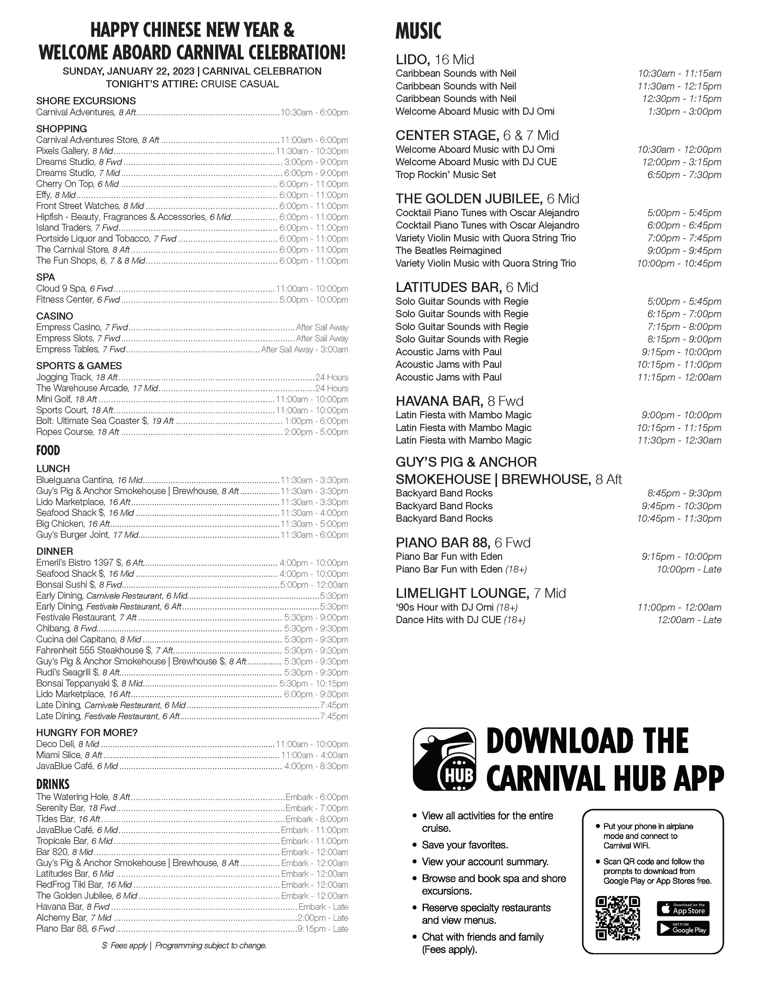 carnival cruise activities schedule 2023