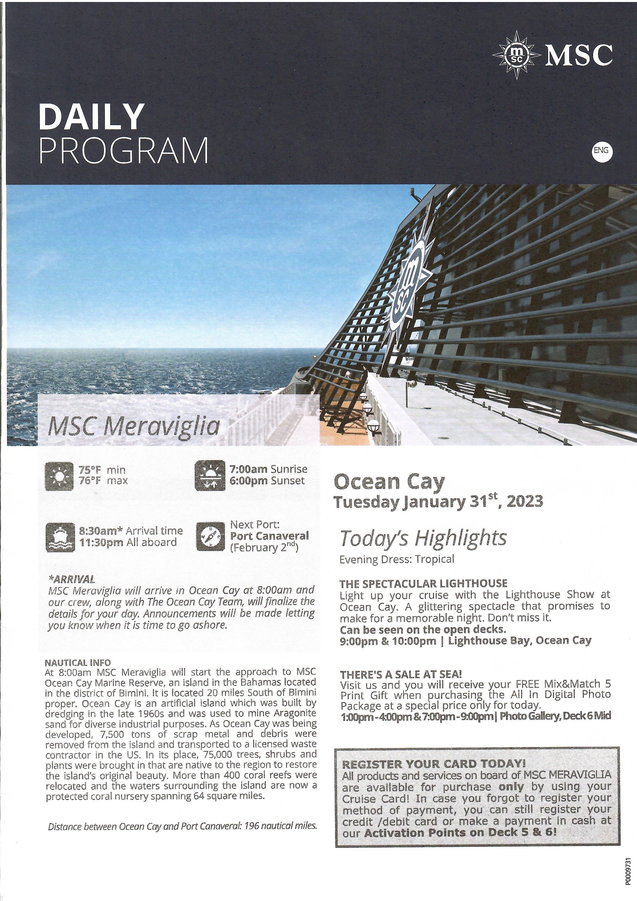 Daily Program - MSC Meraviglia - Ocean Cay -Ship - 2023 -  Jan 31 page 01.jpg