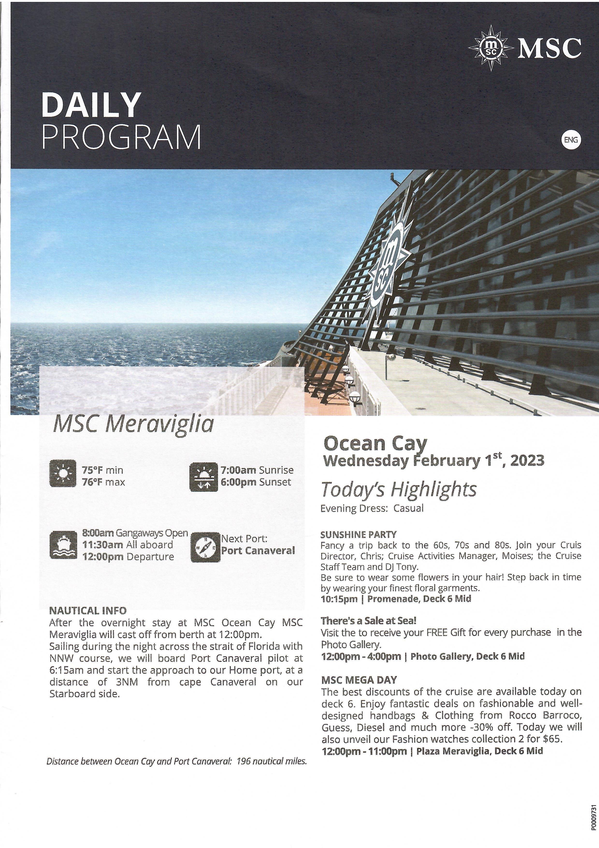 Daily Program - MSC Meraviglia - Ocean Cay -Ship - 2023 -  Feb 01 page 01.jpg