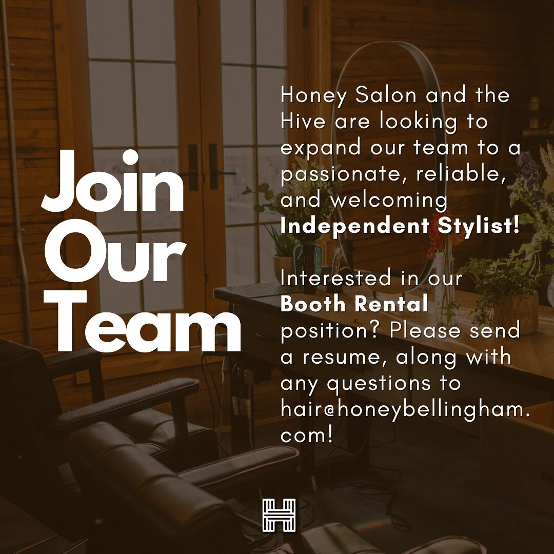 Hey, Everyone! We are looking for a licensed stylist to rent a chair in our 5th Floor space! 

Have any questions and/or interested? Please reach out to our email, hair@honeybellingham.com !

We can&rsquo;t wait to meet you! ❤️

#honeysalon #bellingh