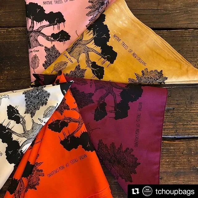 I loved making the illustration for the latest @tchoupbags bandana. It's a field guide of indigenous Louisiana trees and was so fun to research and draw. I also got to watch my amazing studio mate @lilbitscloth natural dye them!!!