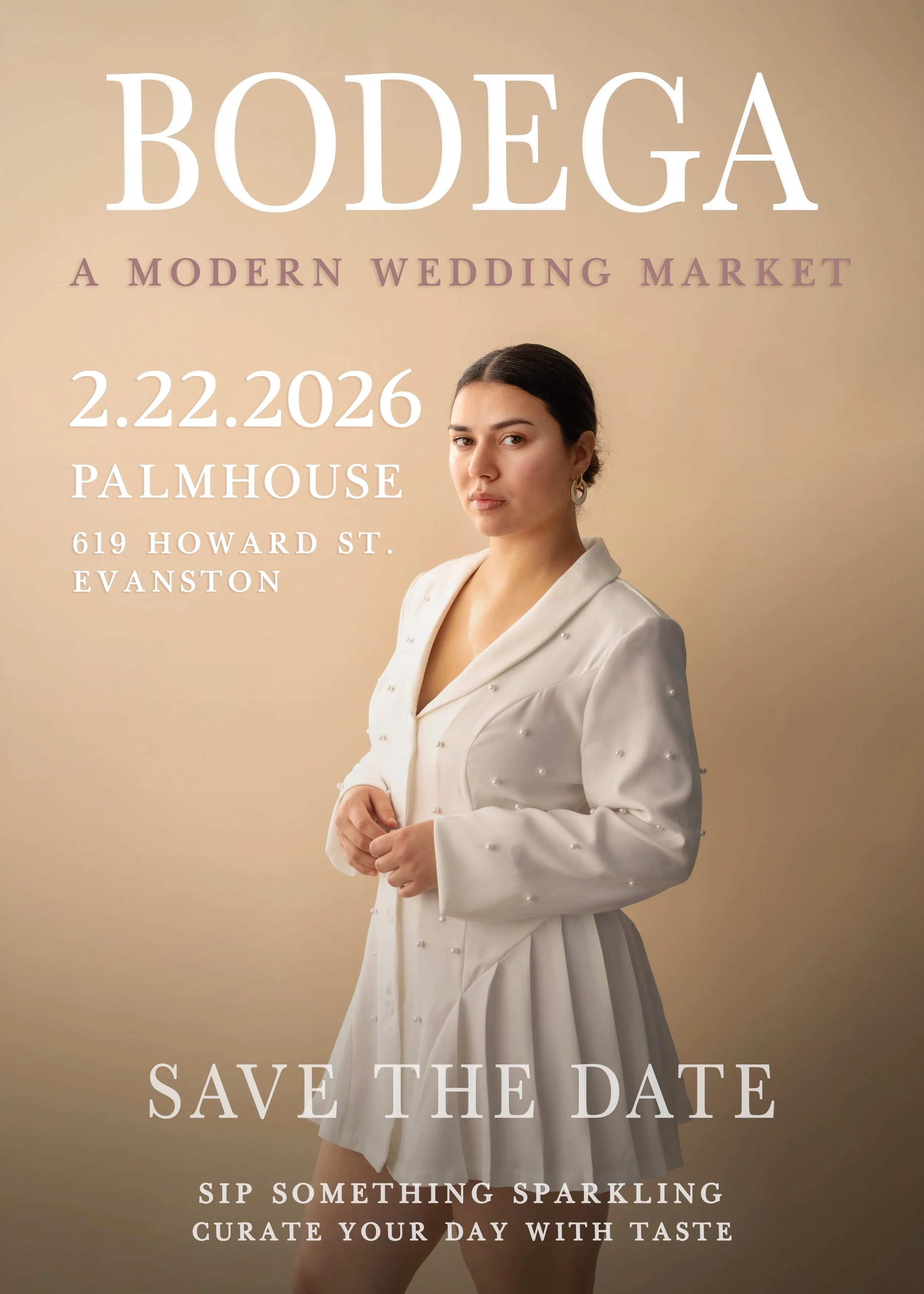 Image of lady in white dress promoting The Wedding Bodega