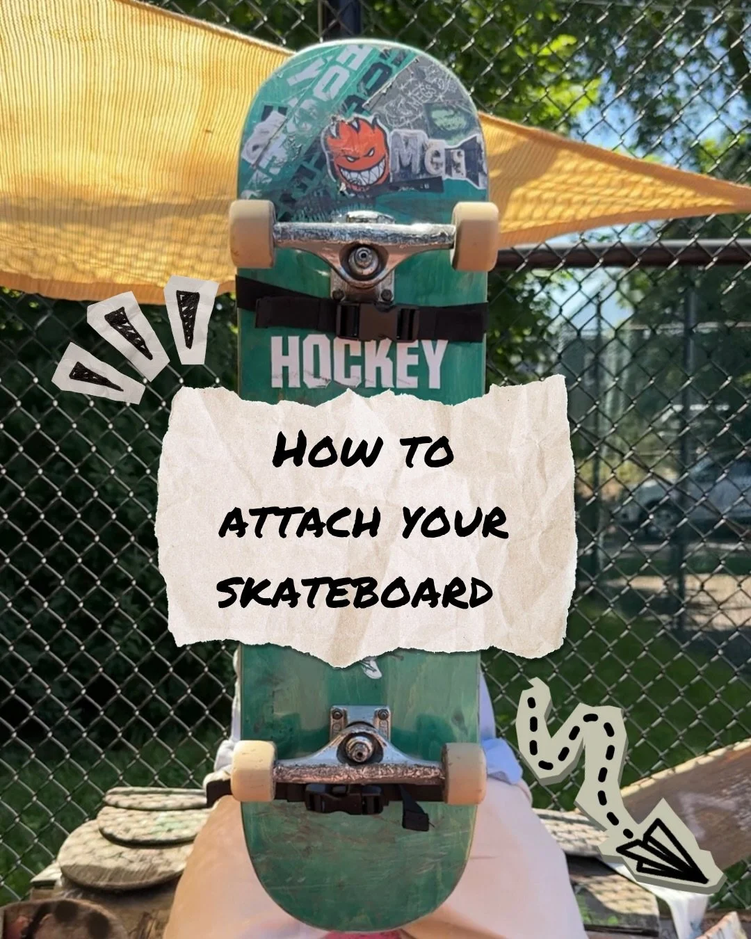 Quick &ldquo;how to&rdquo; on the best way to strap your Frontside Bag to your skateboard.
.
Step one is to snap the small straps and clips underneath your front truck.
.
Step two is to snap the other set of straps and clips underneath your tail and 