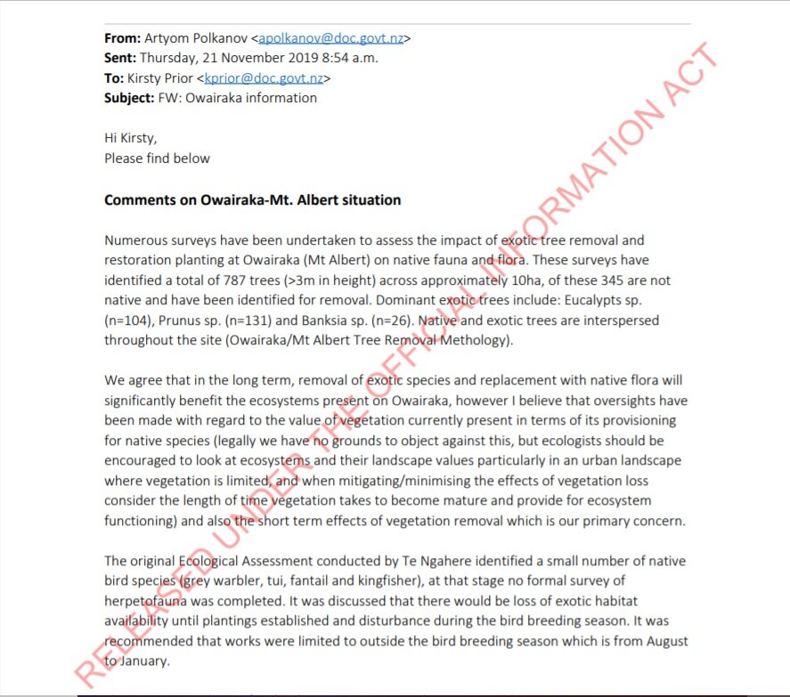 DOC correspondence expresses concern about Ōwairaka tree felling