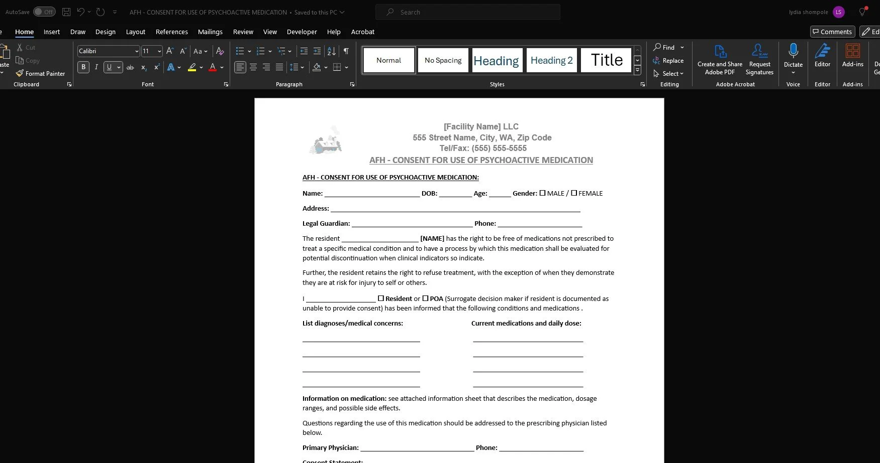 AFH – Psychoactive Medication Consent Form
