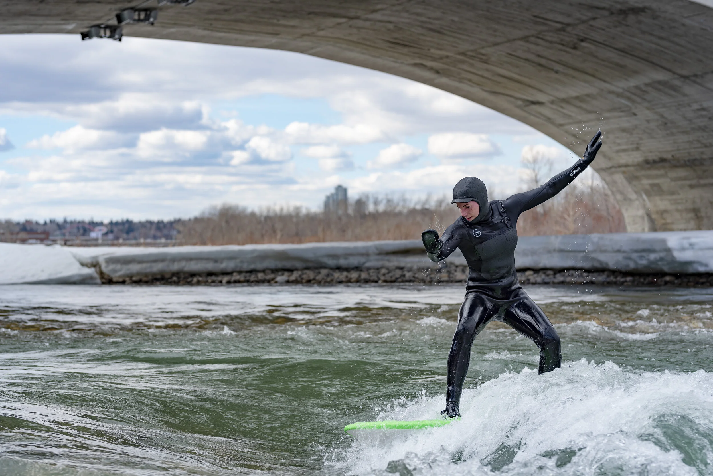  Andrea Juska surfs the Bow River, near the 10th Street Bridge in Calgary on Friday, March 29, 2019. Juska has enjoyed using the spot to practice her technique over the years and now has her sites set on the revered Mountain Wave, a man-made wave loc