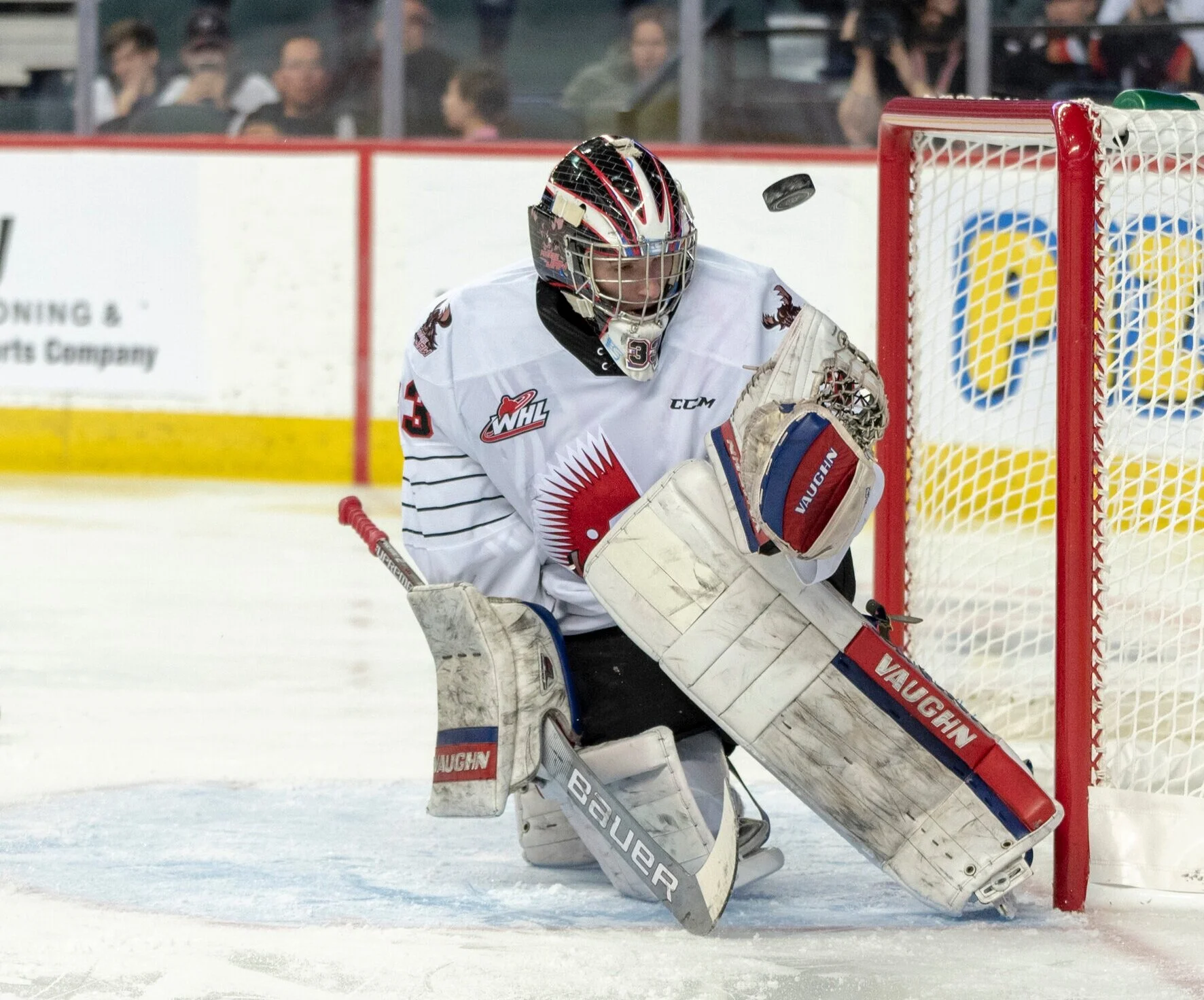  Moose Jaw Warriors goalie, Brett Mirwald makes a shoulder save against the  Calgary Hitmen during WHL regular season play at the Scotiabank Saddledome in Calgary on Friday, Oct. 18, 2019. The Hitmen outscored the Warriors 7 - 3 and improve to a 5 - 