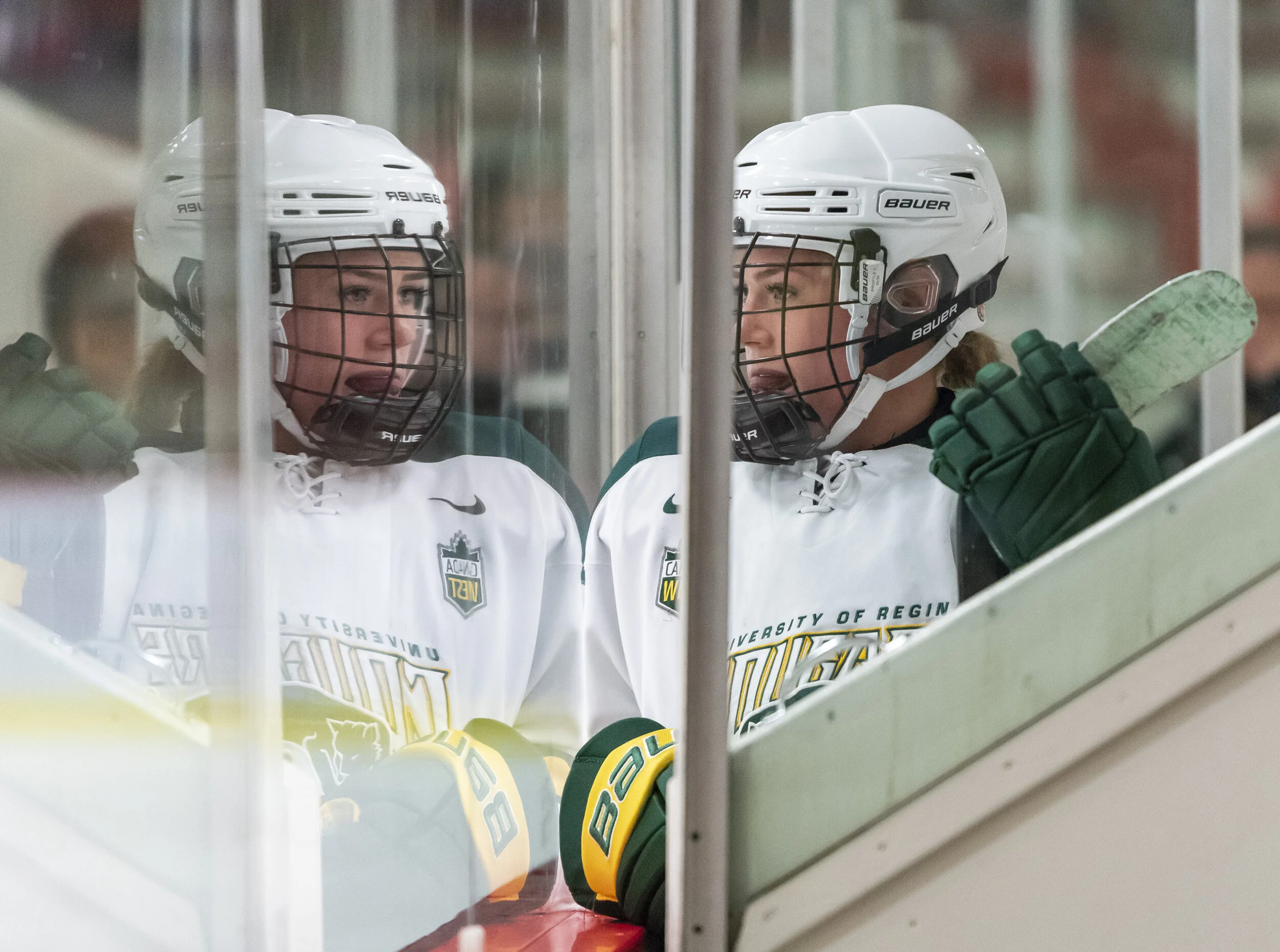  Regina Cougars defence-man, Hanna Pennell, looks on from the penalty box during play against the Dinos at the Father David Bauer Olympic Arena in Calgary on Friday, Oct. 4, 2019. Dinos Women’s Hockey defeated the Cougars 2 -0. 