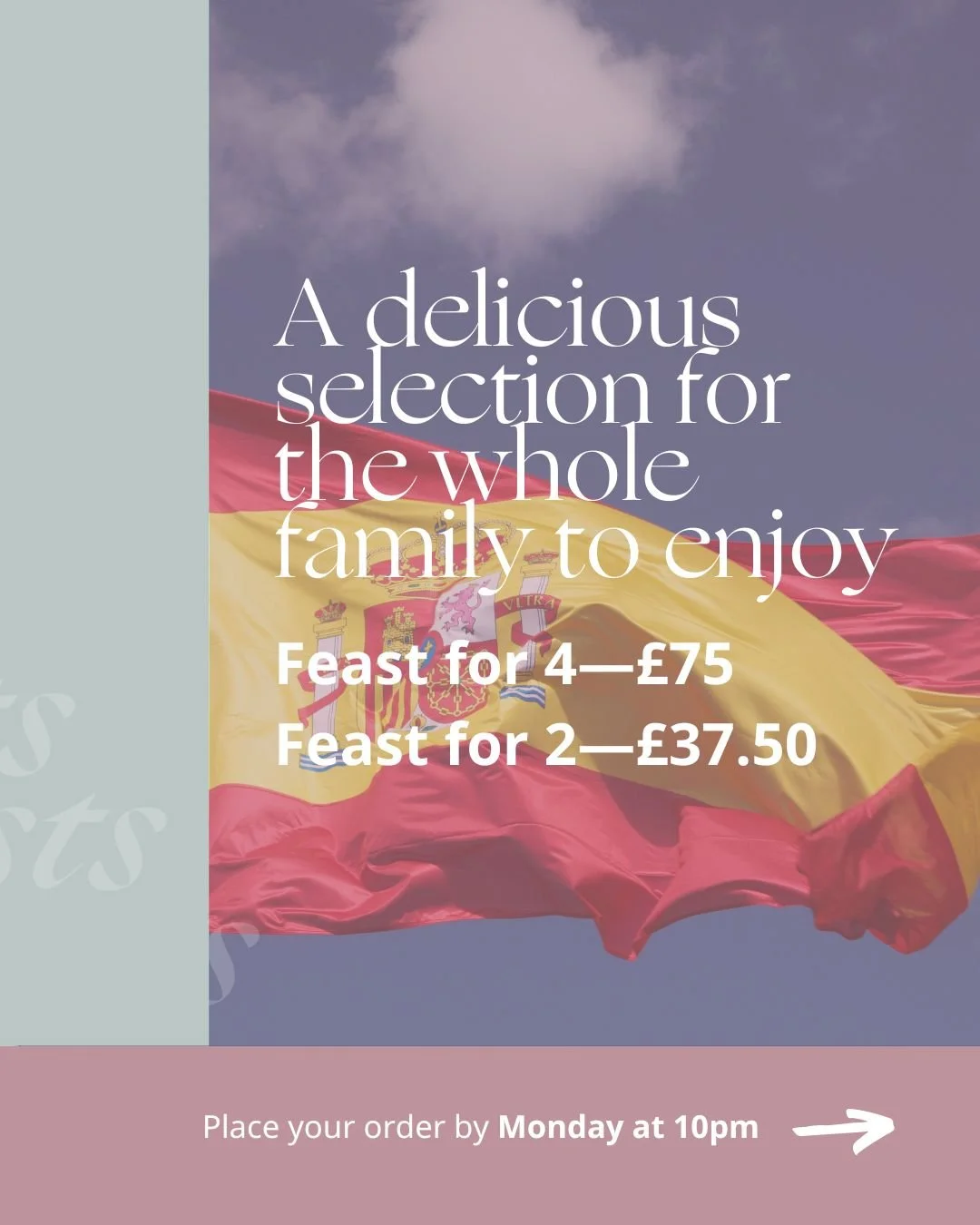 Have you ordered your yet? 
Spanish Friday Feast | Friday 6th February - 💃
Bringing the taste of Spain to your own kitchen - enjoy this vibrant at-home dining experience inspired by the delicious flavours of Spain! 🇪🇸

Order directly via our websi