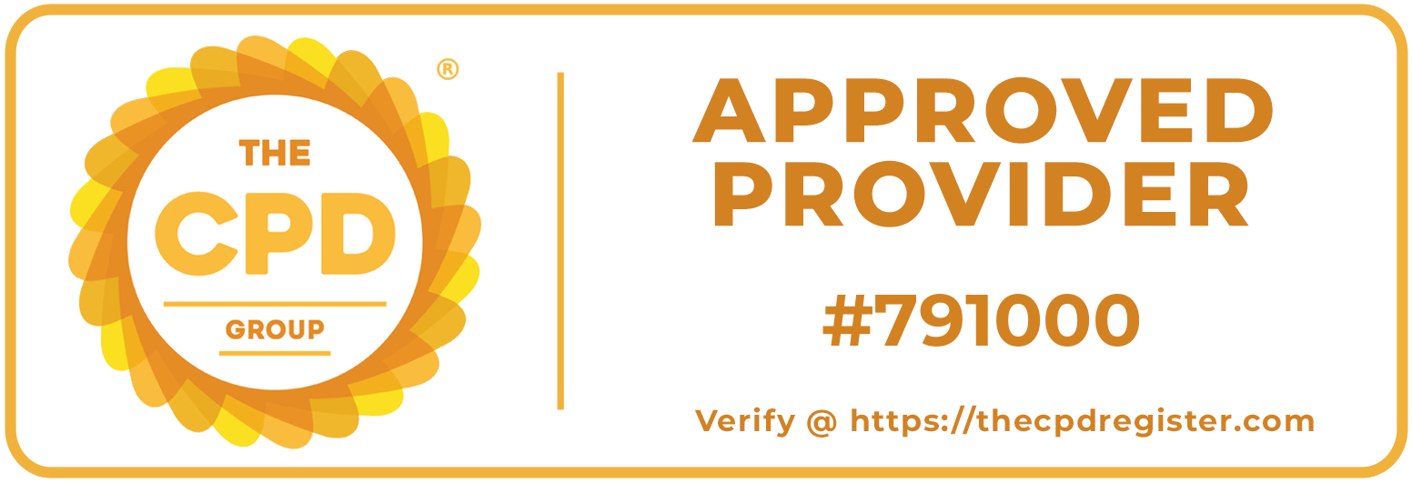 Certification badge for approved provider from the CPD Group with badge number 791000, featuring a yellow and brown color scheme and a circular emblem with the organization's name.