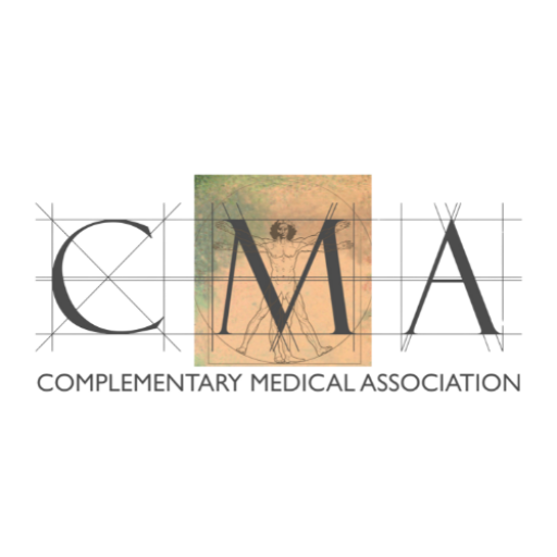 Logo for the Complementary Medical Association, featuring stylized text 'CMA' with a central image of a human figure in a yoga pose, set against a grid background.