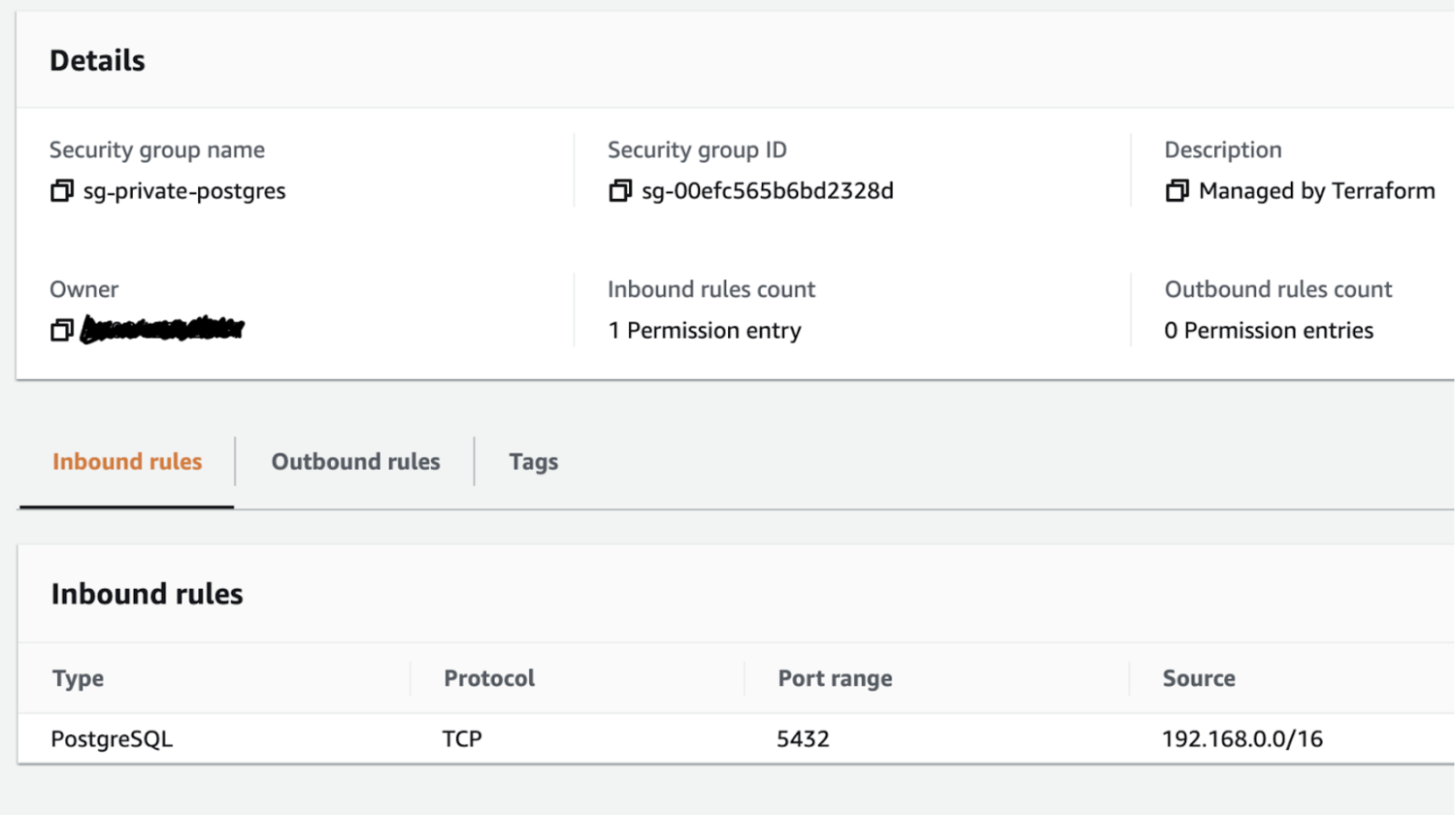 Example of a Security Group, allowing incoming connections (“Inbound rule”) from within VPC’s private network (“Source”) to Postgresql’s default port (TCP 5432). Enabling access to a PostgreSQL database from any instance within VPC.