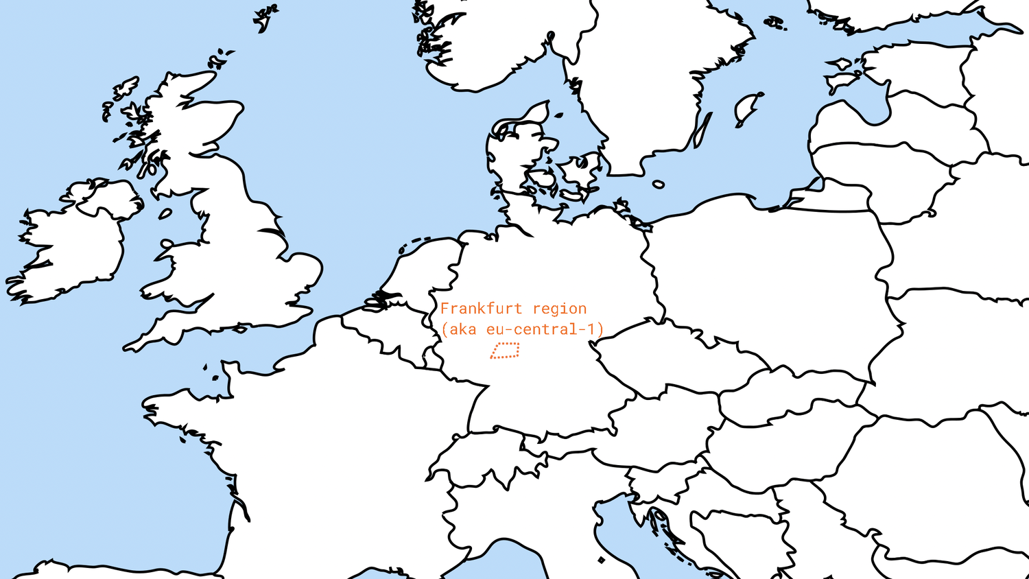 One of AWS Regions, “Frankfurt” also known as “eu-central-1”, depicted by area within dots.