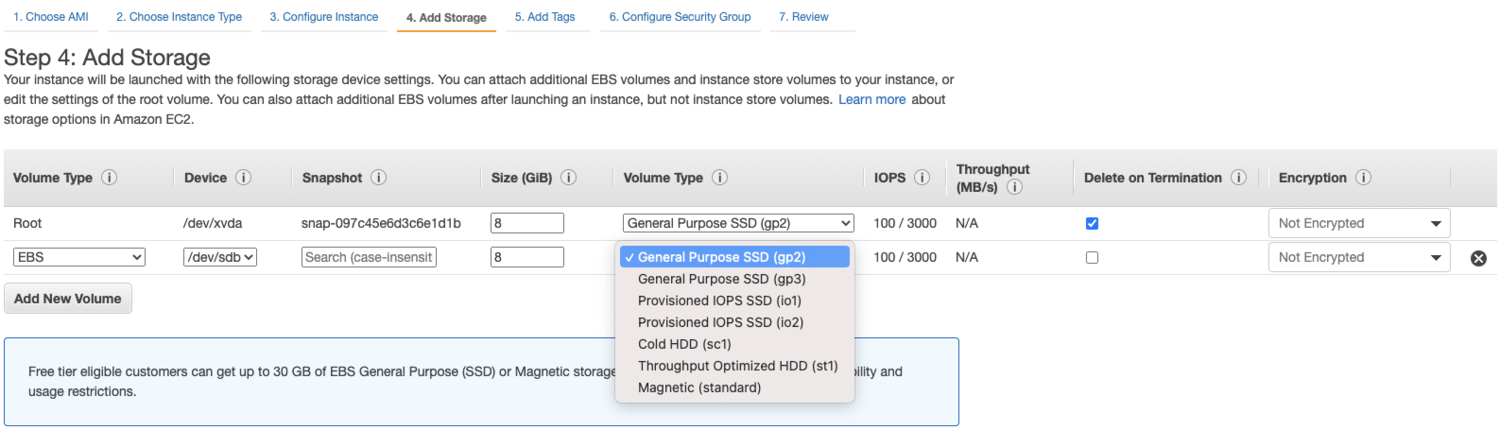 When configuring EBS storage for a new EC2 instance, multiple options are available including both general purpose (“gp”) SSD and low-cost HDD.