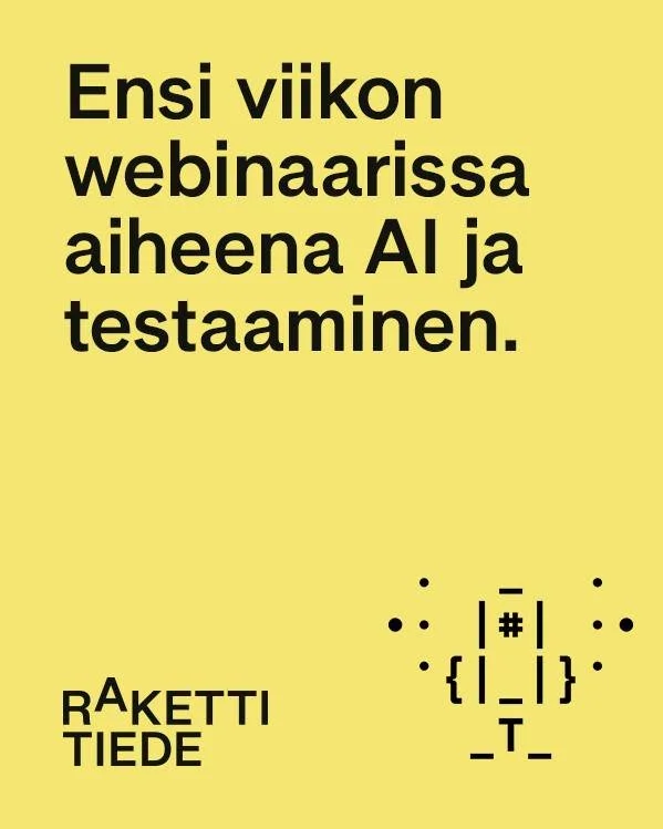 Ensi viikon Rakettiwebinaarissa aiheena on AI ja testaaminen.

⏰ ti 28.4. klo 9&ndash;9.30

Mist&auml; puhumme?
✔️ Mit&auml; tapahtuu laadulle, kun koodin m&auml;&auml;r&auml; r&auml;j&auml;ht&auml;&auml;? Ihmisen tekem&auml; katselmointi ei skaalaud
