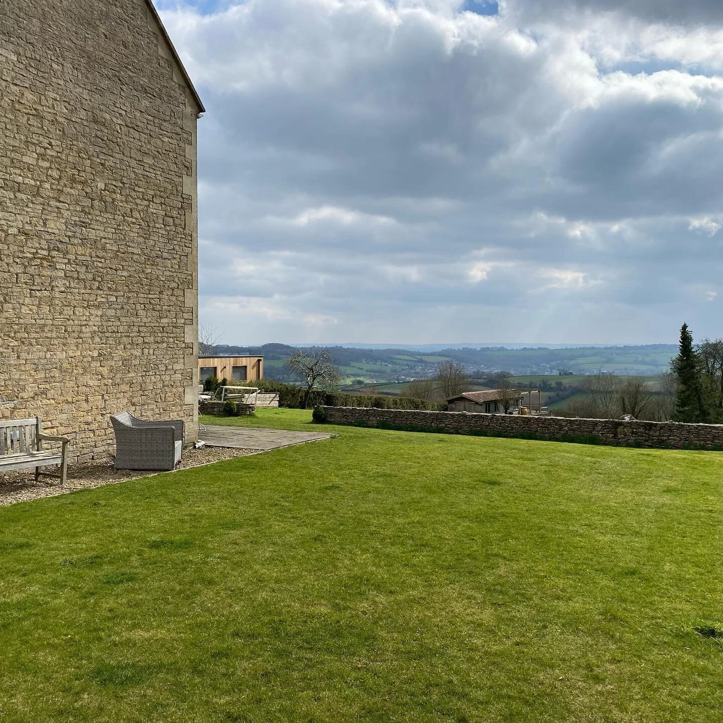 Lovely view from our new project &amp; a glimpse of a timber frame build we did a couple years back (on left). #building #refurbishment #countrylife