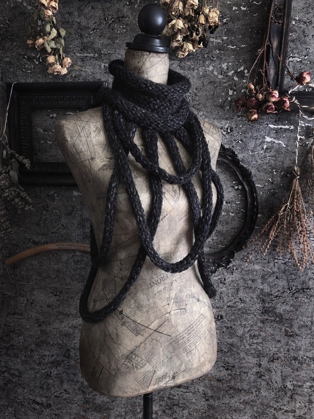 anthracite black octopus tentacle loopy harness knit cowl 4.jpg
