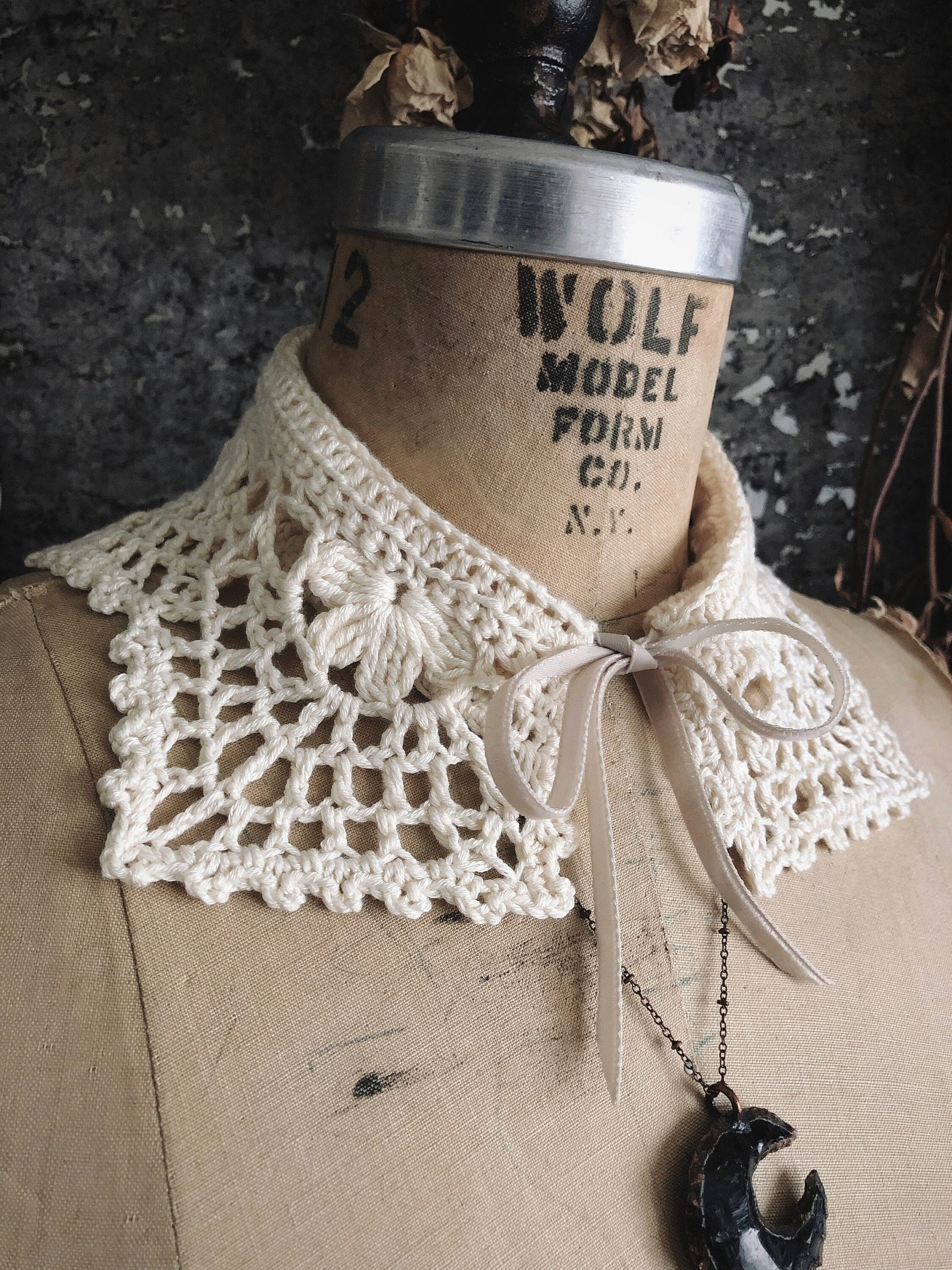 Edith Collar - Ivory Hand Crochet Gothic Lace Detached Collar - Cottage Core Natural Collar