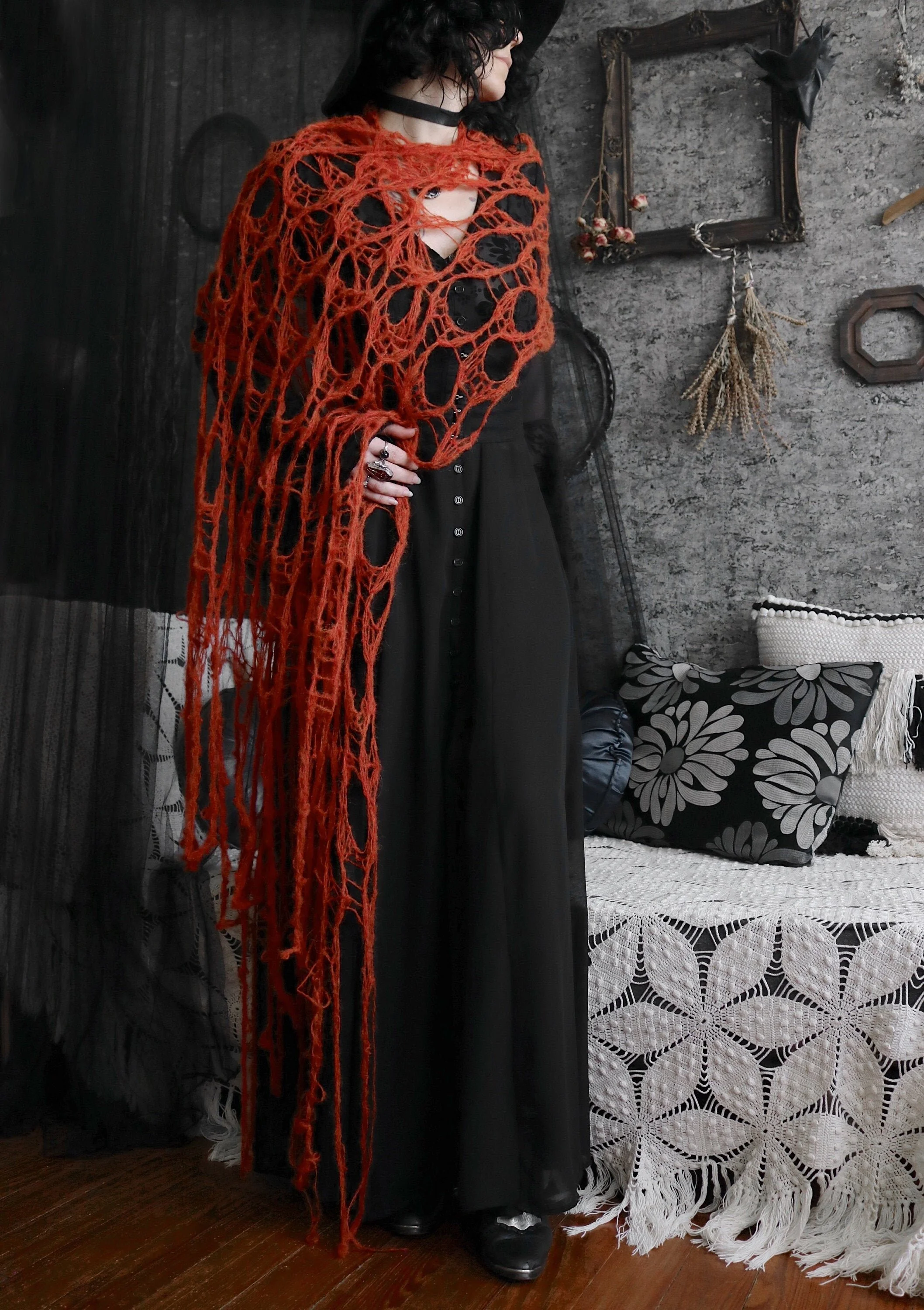 Pumpkin Spice Widow's Web Scarf - Gothic Knit Cobweb Shawl - Long Tattered Goth Autumn Wrap - Witchy Spiderweb Stole - Halloween Accessory