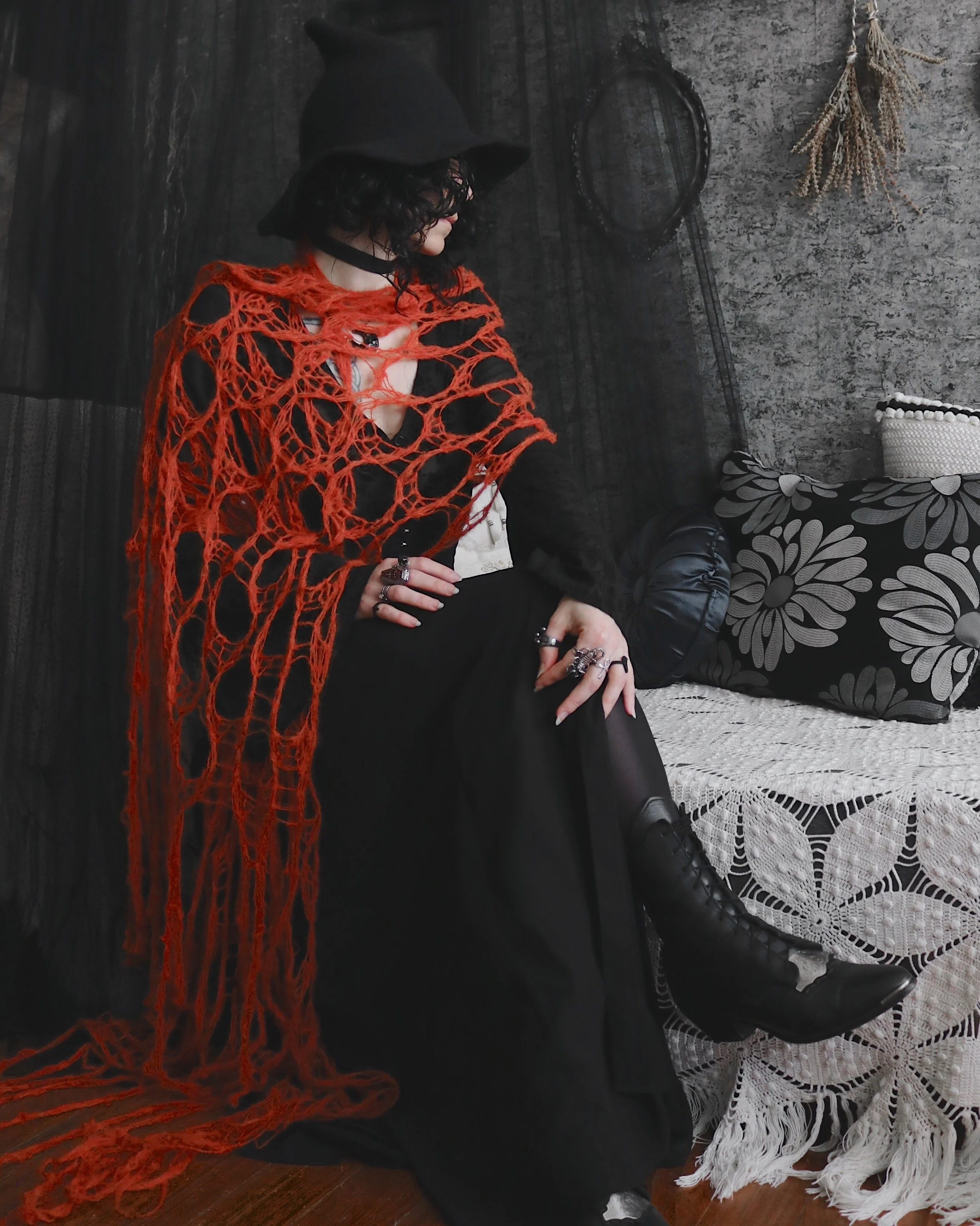 Pumpkin Spice Widow's Web Scarf - Gothic Knit Cobweb Shawl - Long Tattered Goth Autumn Wrap - Witchy Spiderweb Stole - Halloween Accessory