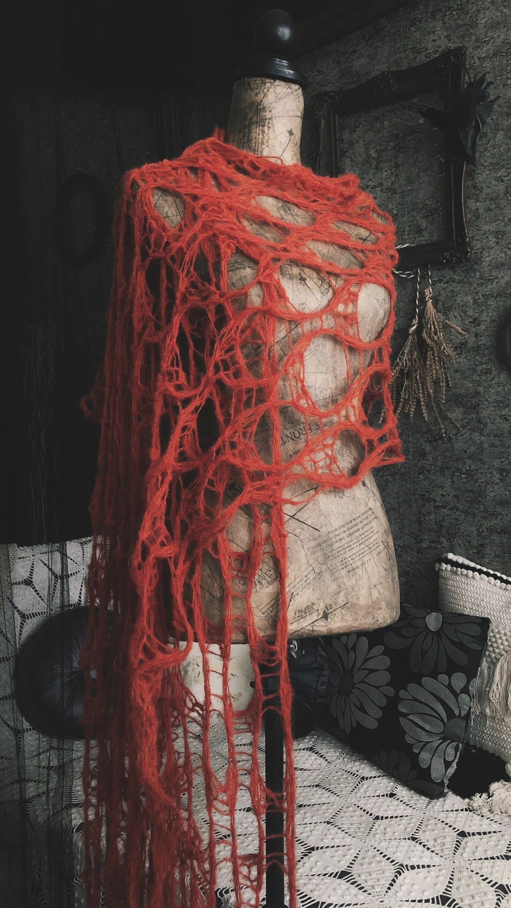 Pumpkin Spice Widow's Web Scarf - Gothic Knit Cobweb Shawl - Long Tattered Goth Autumn Wrap - Witchy Spiderweb Stole - Halloween Accessory